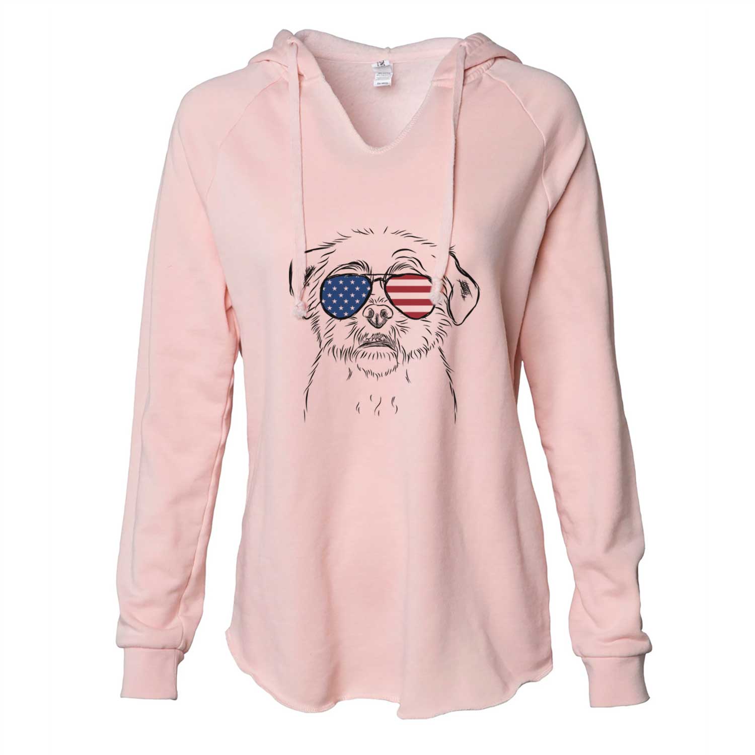 Hand-drawn sketch of Smash the Shih Tzu wearing American flag sunglasses on a Blush Cali Wave Hooded Sweatshirt