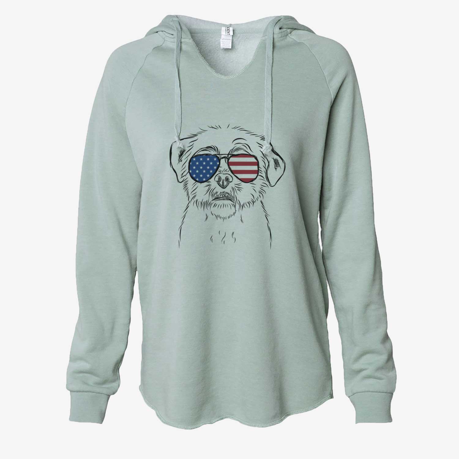 Hand-drawn sketch of Smash the Shih Tzu wearing American flag sunglasses on a Sage Cali Wave Hooded Sweatshirt
