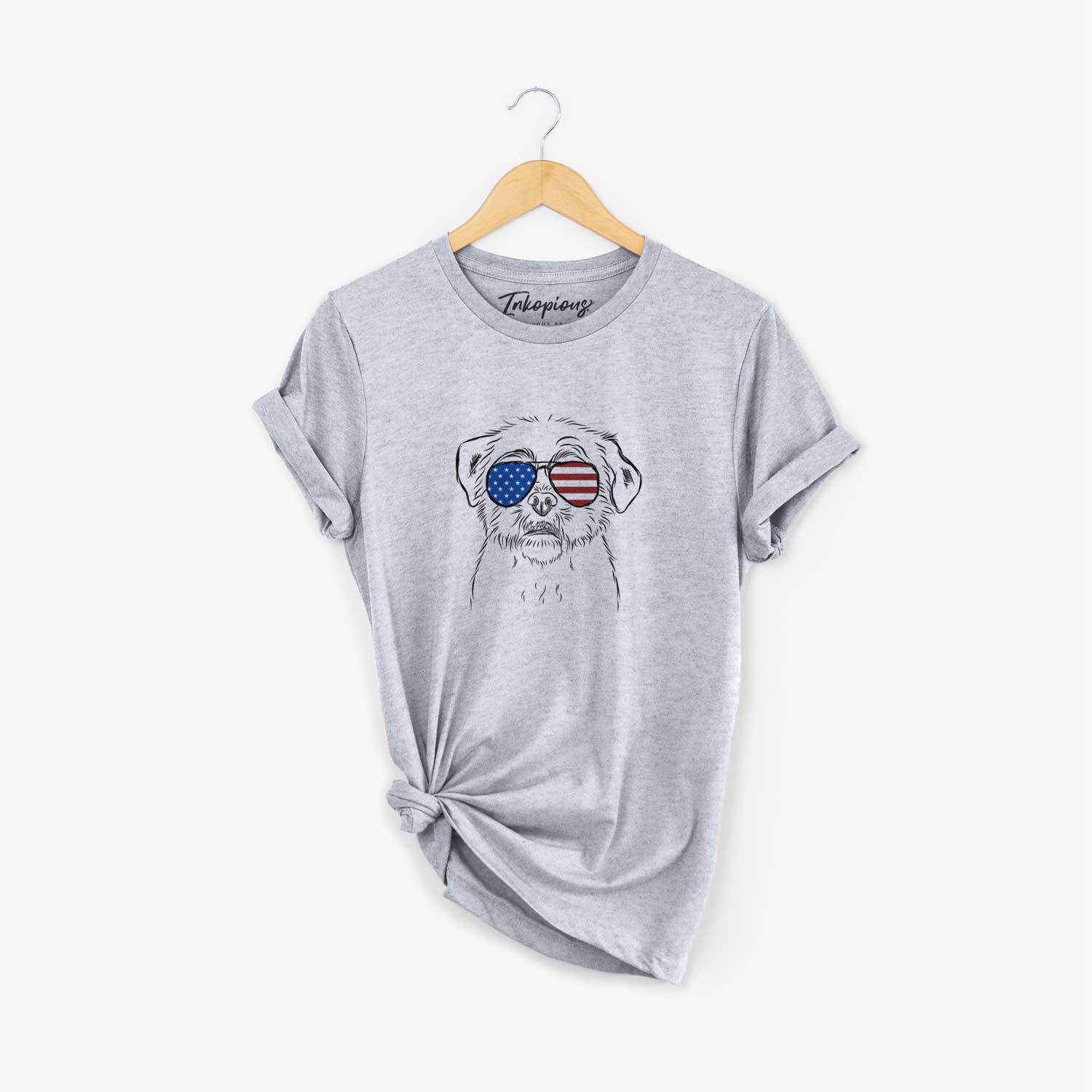 Hand-drawn sketch of Smash the Shih Tzu wearing American flag sunglasses on a Grey Unisex crewneck