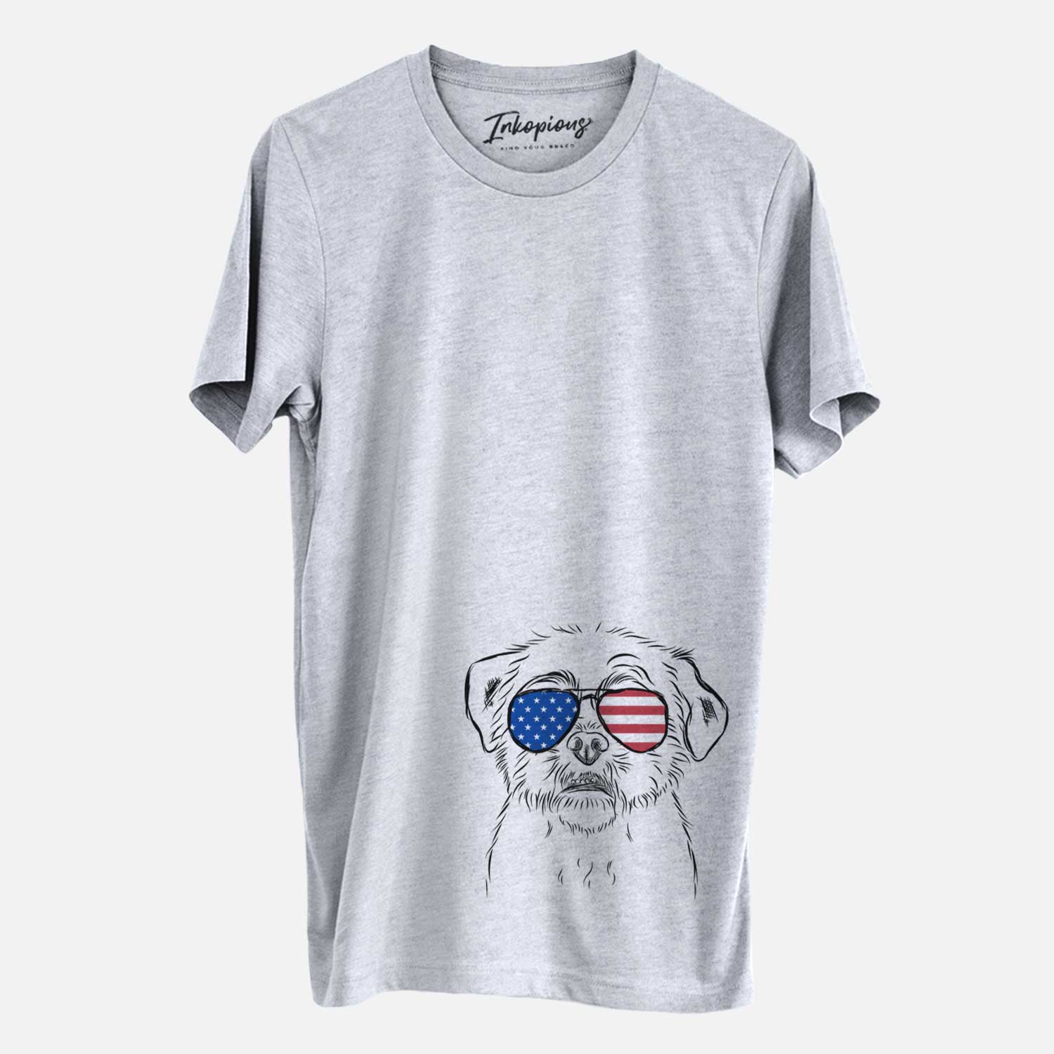 Hand-drawn sketch of Smash the Shih Tzu wearing American flag sunglasses on a Grey Unisex crewneck