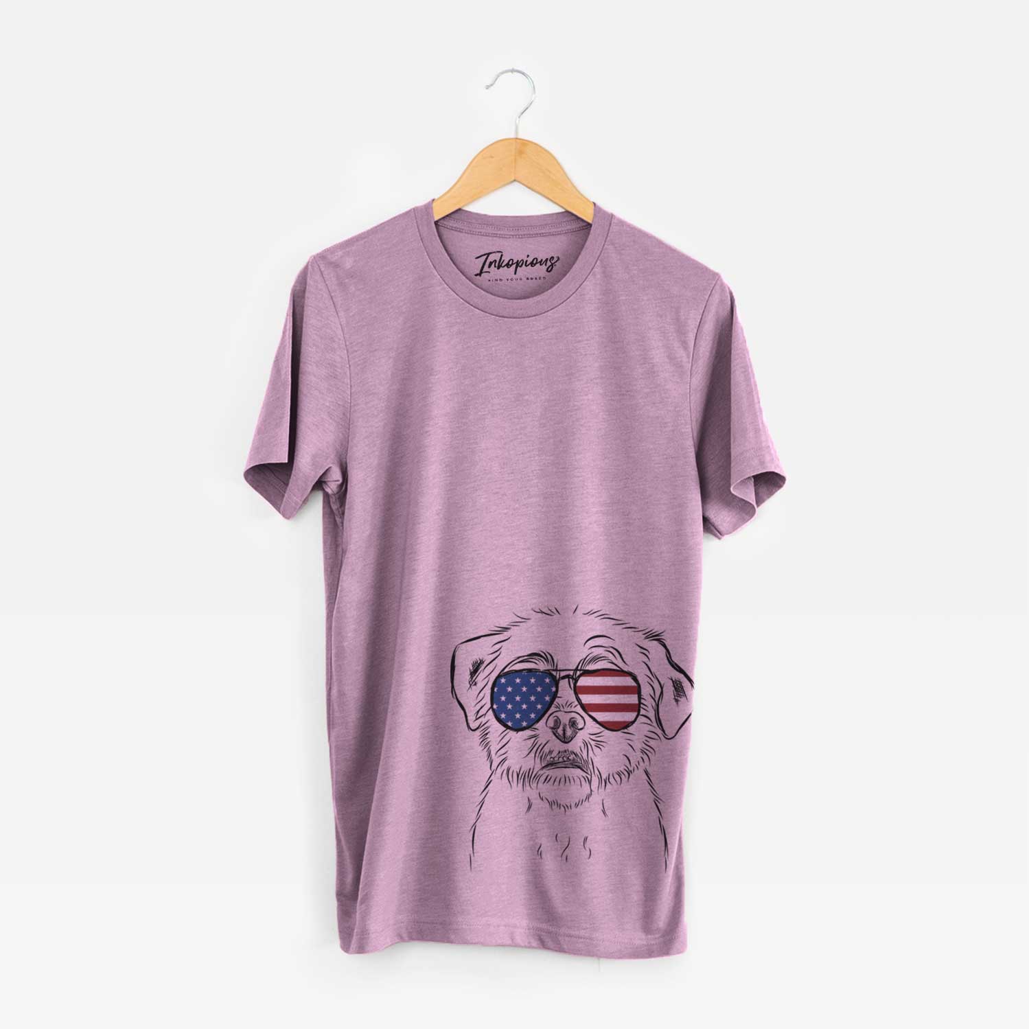 Hand-drawn sketch of Smash the Shih Tzu wearing American flag sunglasses on an Orchid Unisex crewneck
