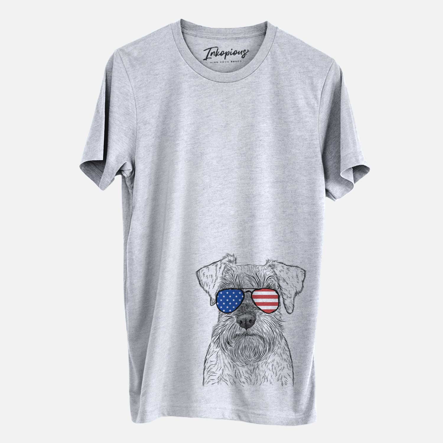 Hand-drawn sketch of Smokey the Miniature Schnauzer wearing American flag sunglasses on a Grey Unisex crewneck