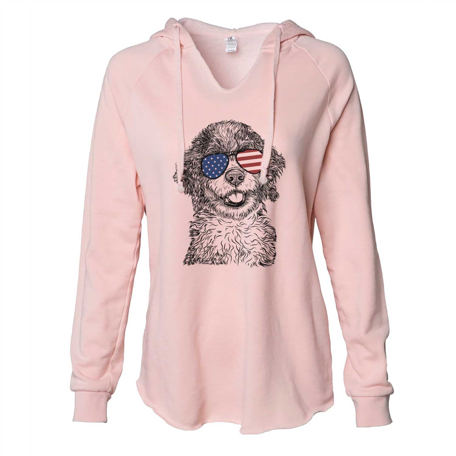 Hand-drawn sketch of Smoky the Bernedoodle Puppy wearing American flag sunglasses on a Blush Cali Wave Hooded Sweatshirt