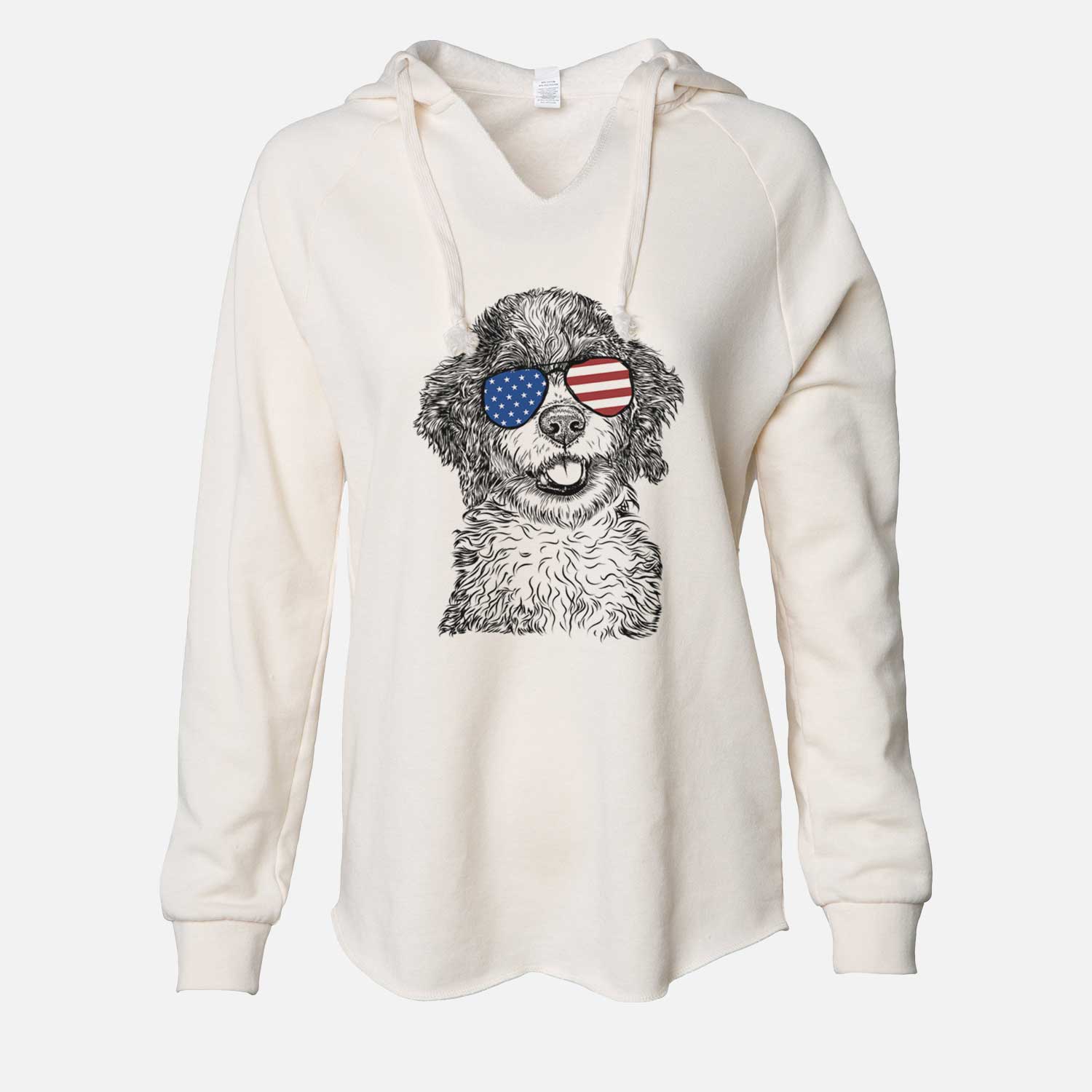 Hand-drawn sketch of Smoky the Bernedoodle Puppy wearing American flag sunglasses on a Bone Cali Wave Hooded Sweatshirt