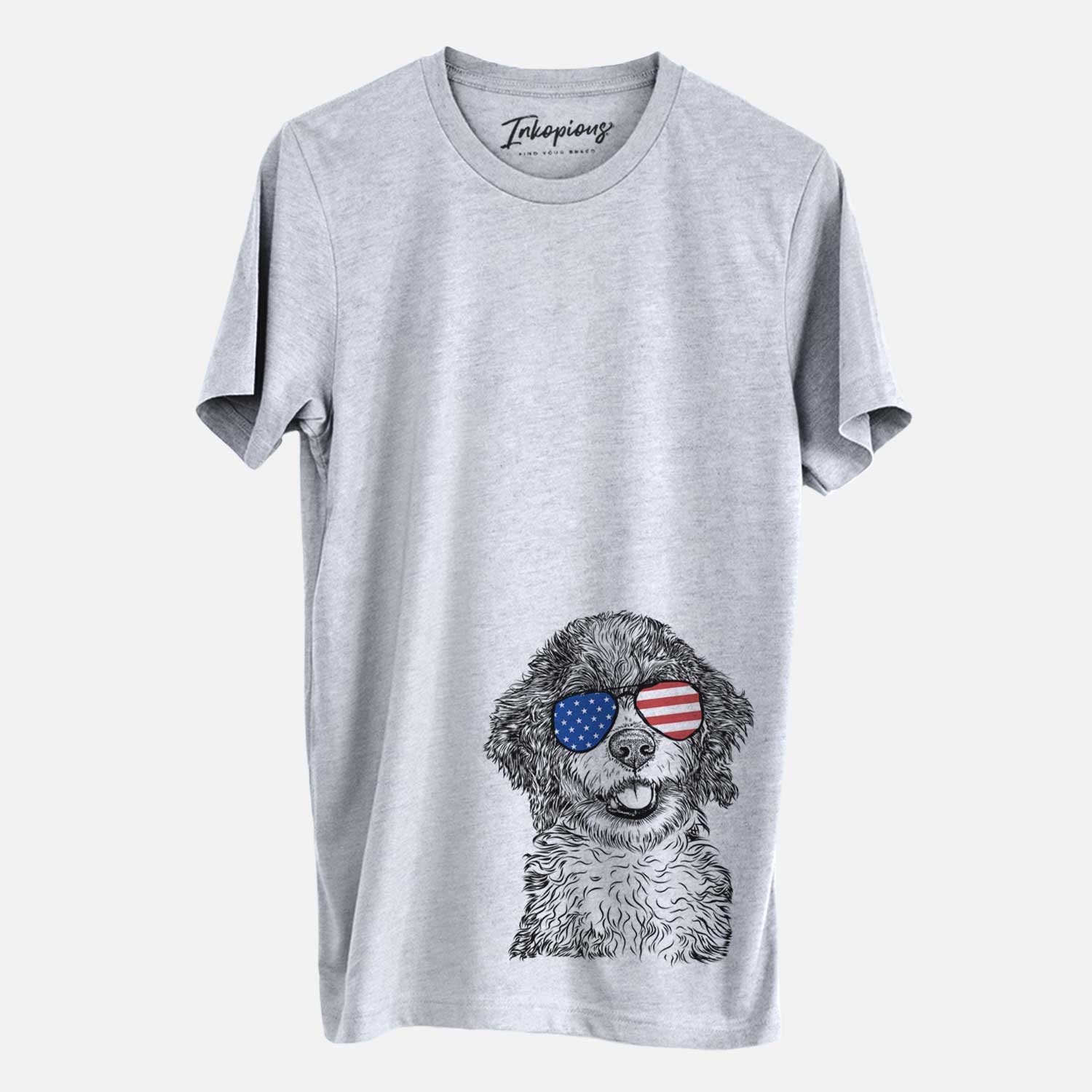 Hand-drawn sketch of Smoky the Bernedoodle Puppy wearing American flag sunglasses on a Grey Unisex crewneck