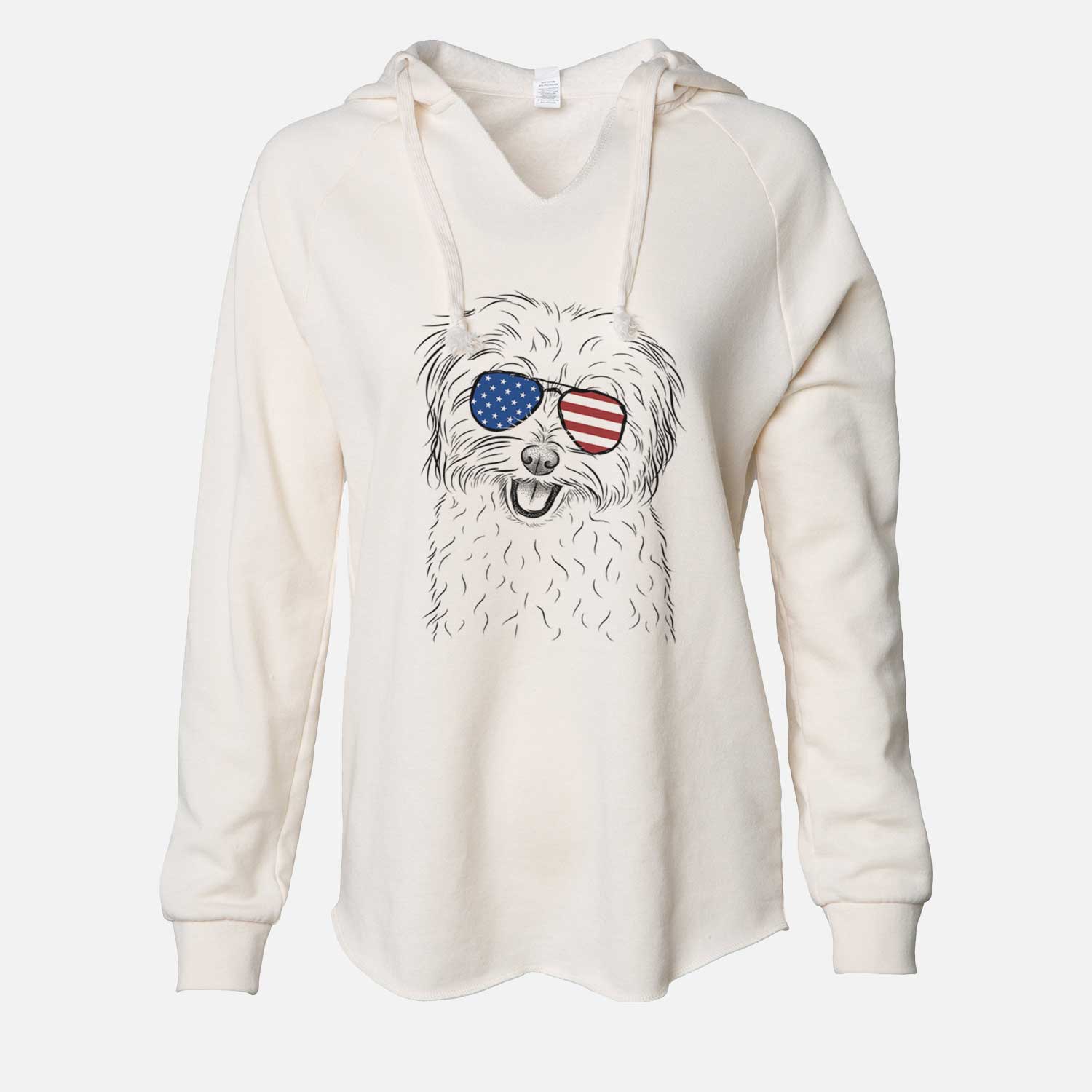 Hand-drawn sketch of Sophie Quinn the Havanese wearing American flag sunglasses on a Bone Cali Wave Hooded Sweatshirt
