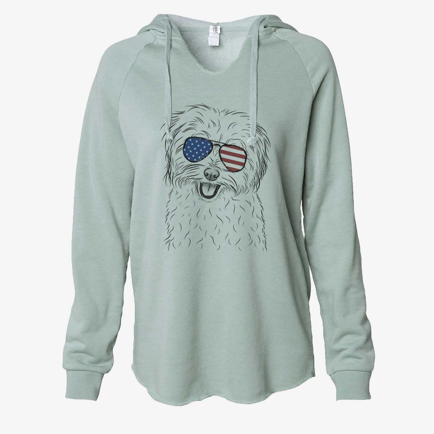Hand-drawn sketch of Sophie Quinn the Havanese wearing American flag sunglasses on a Sage Cali Wave Hooded Sweatshirt