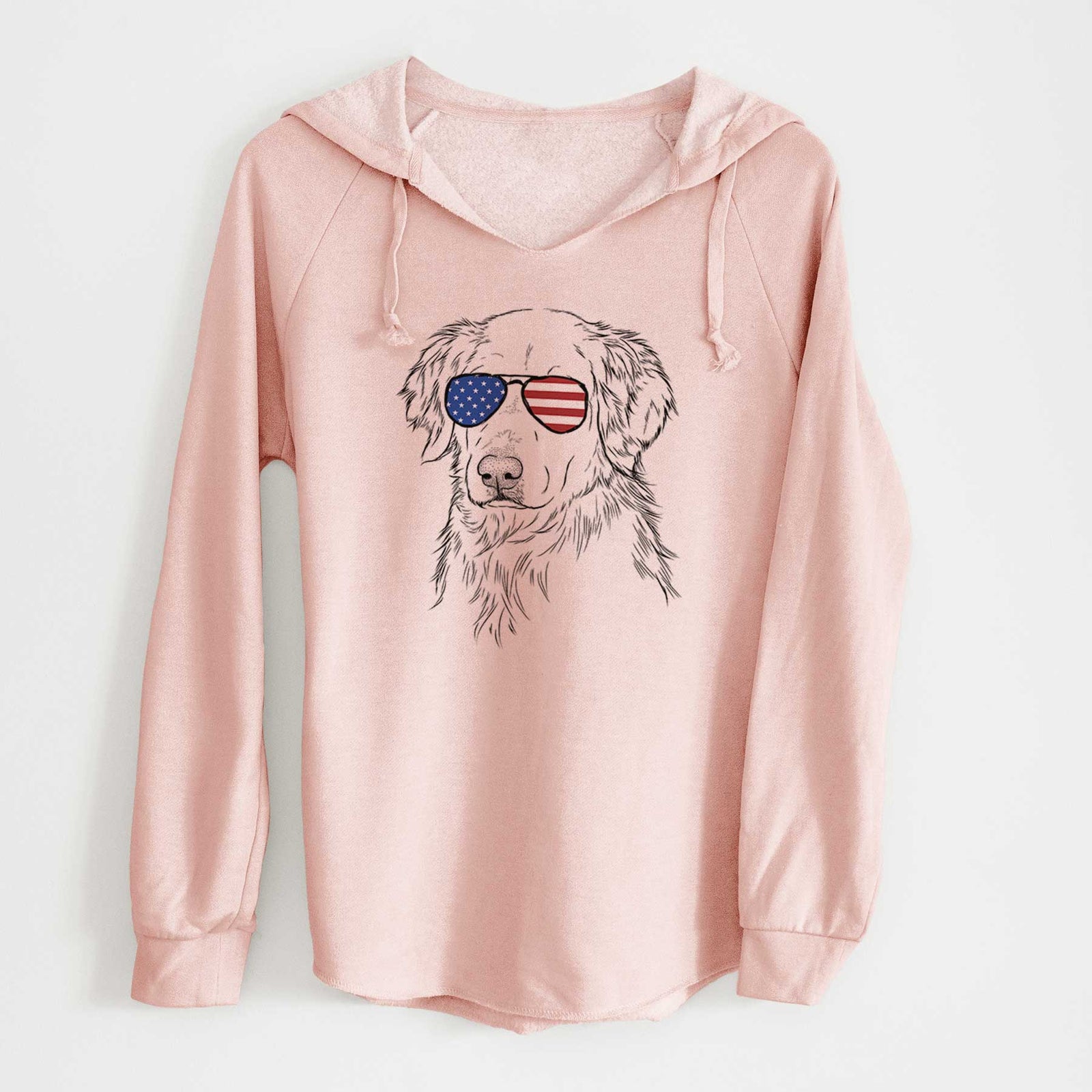 Hand-drawn sketch of Spencer the Golden Retriever wearing American flag sunglasses on a Blush Cali Wave Hooded Sweatshirt
