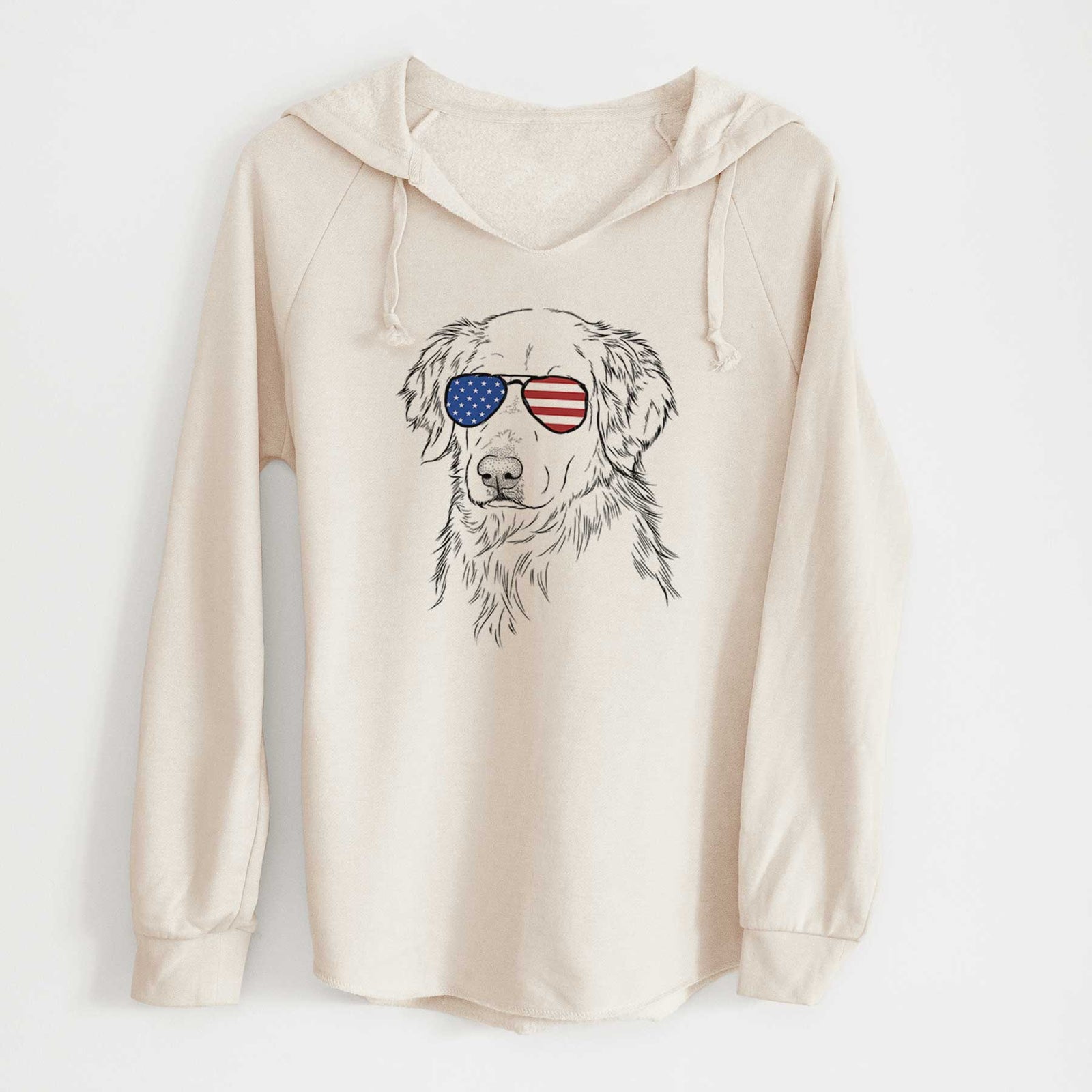Hand-drawn sketch of Spencer the Golden Retriever wearing American flag sunglasses on a Bone Cali Wave Hooded Sweatshirt