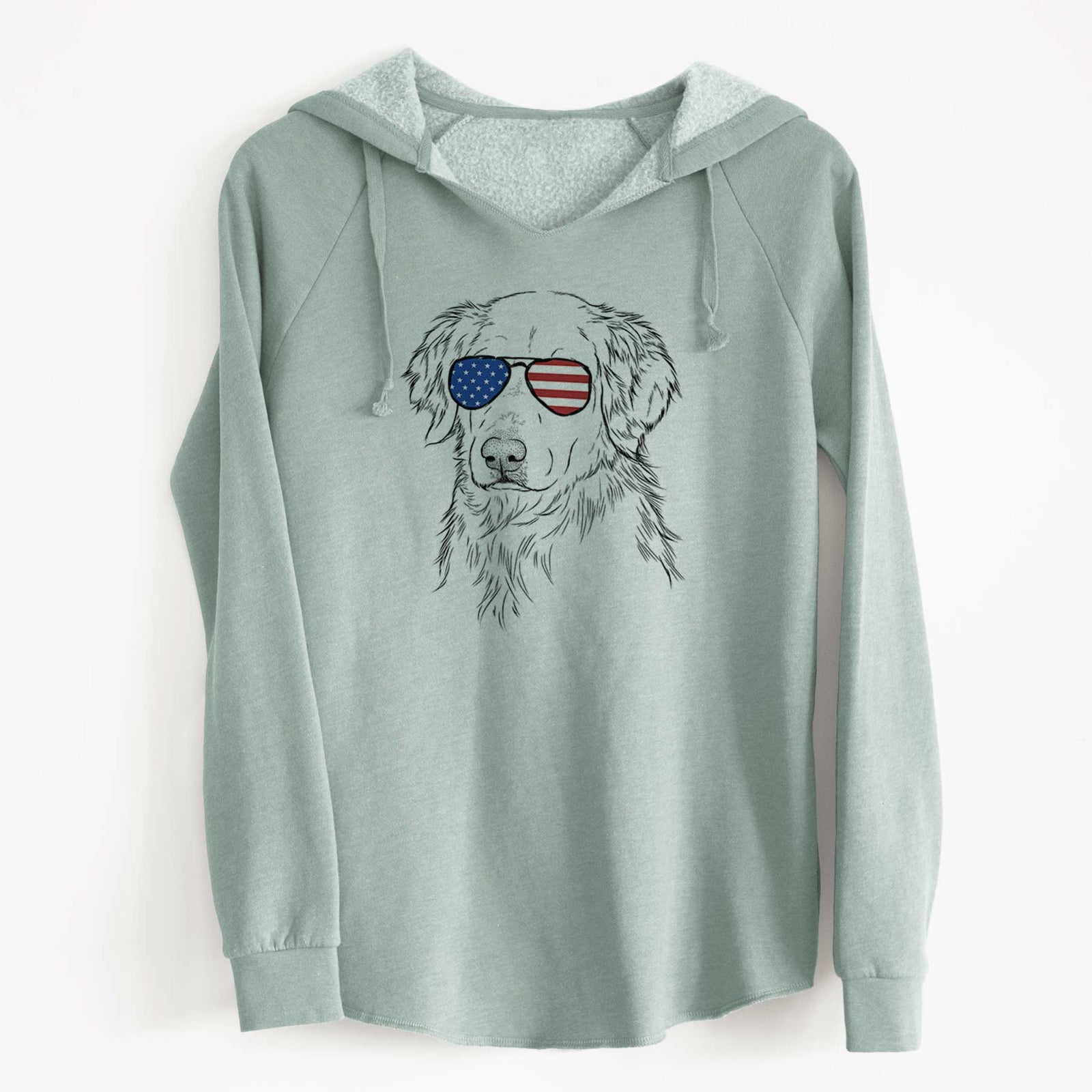 Hand-drawn sketch of Spencer the Golden Retriever wearing American flag sunglasses on a Sage Cali Wave Hooded Sweatshirt