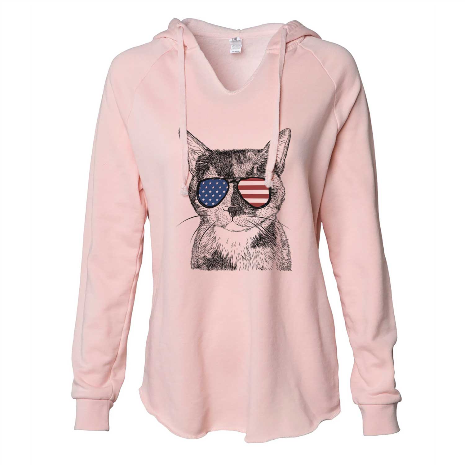 Hand-drawn sketch of Spooky Kitty the Tortoiseshell Cat wearing American flag sunglasses on a Blush Cali Wave Hooded Sweatshirt