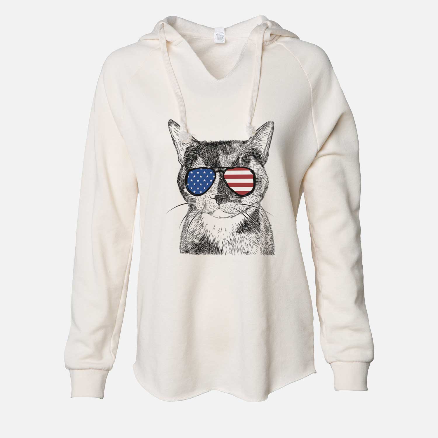 Hand-drawn sketch of Spooky Kitty the Tortoiseshell Cat wearing American flag sunglasses on a Bone Cali Wave Hooded Sweatshirt