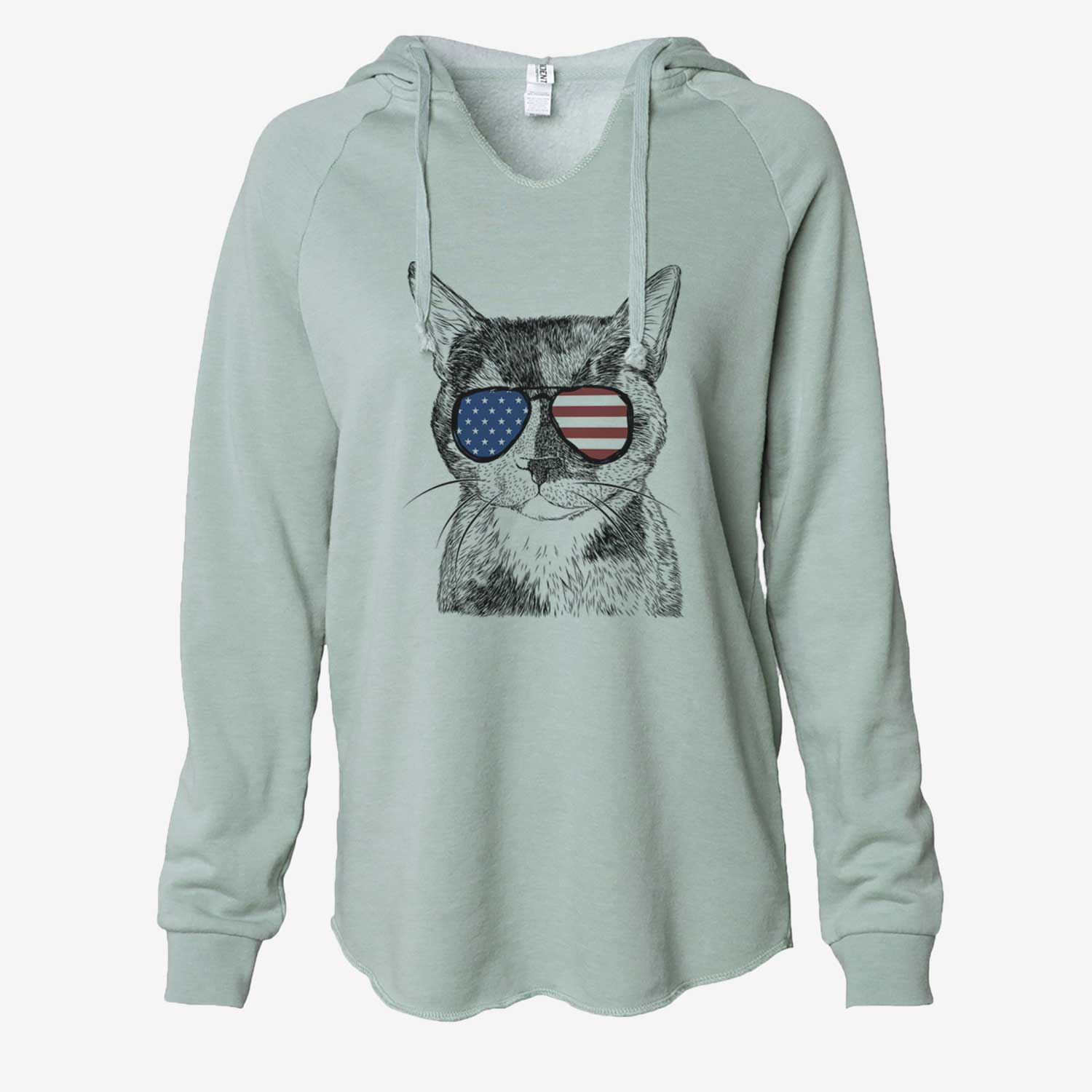 Hand-drawn sketch of Spooky Kitty the Tortoiseshell Cat wearing American flag sunglasses on a Sage Cali Wave Hooded Sweatshirt