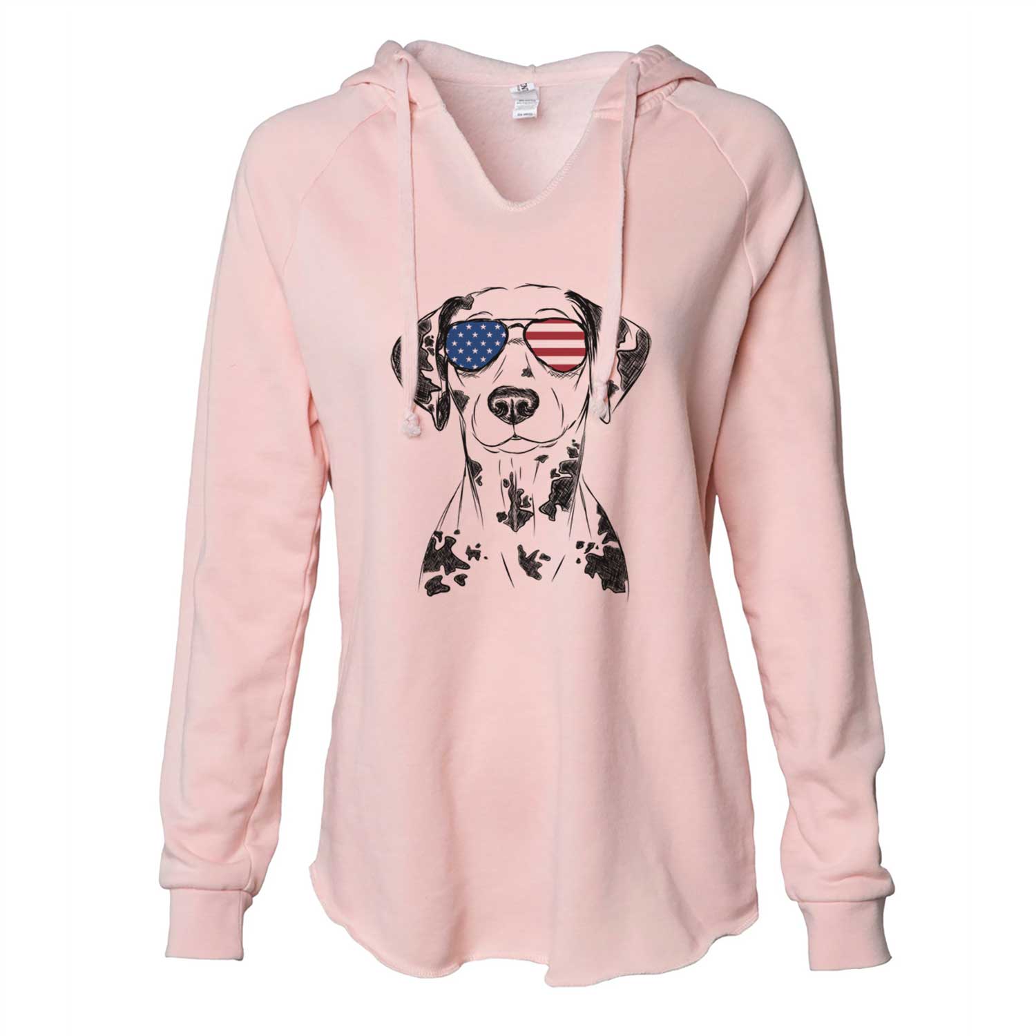 Hand-drawn sketch of Spot the Dalmatian wearing American flag sunglasses on a Blush Cali Wave Hooded Sweatshirt
