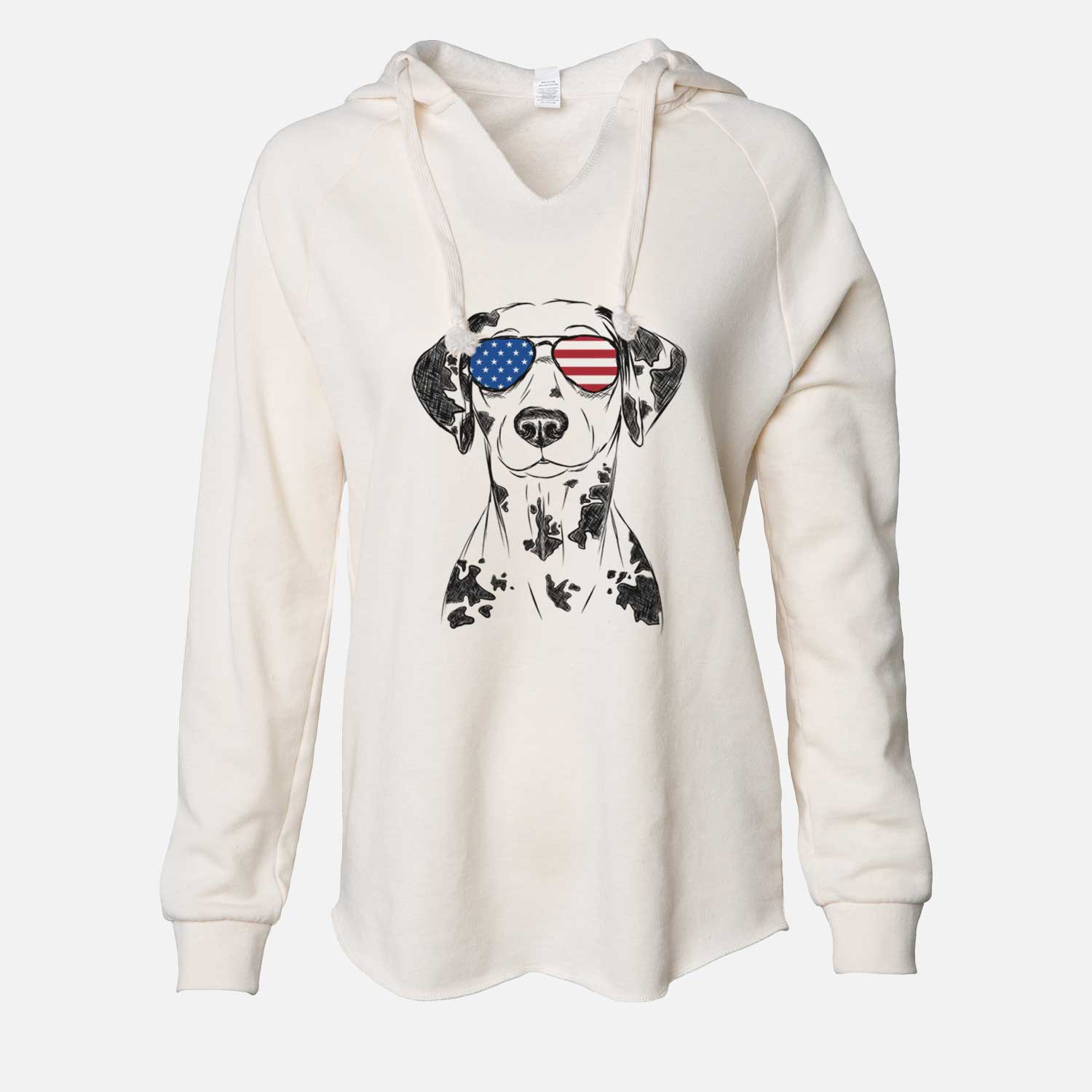 Hand-drawn sketch of Spot the Dalmatian wearing American flag sunglasses on a Bone Cali Wave Hooded Sweatshirt