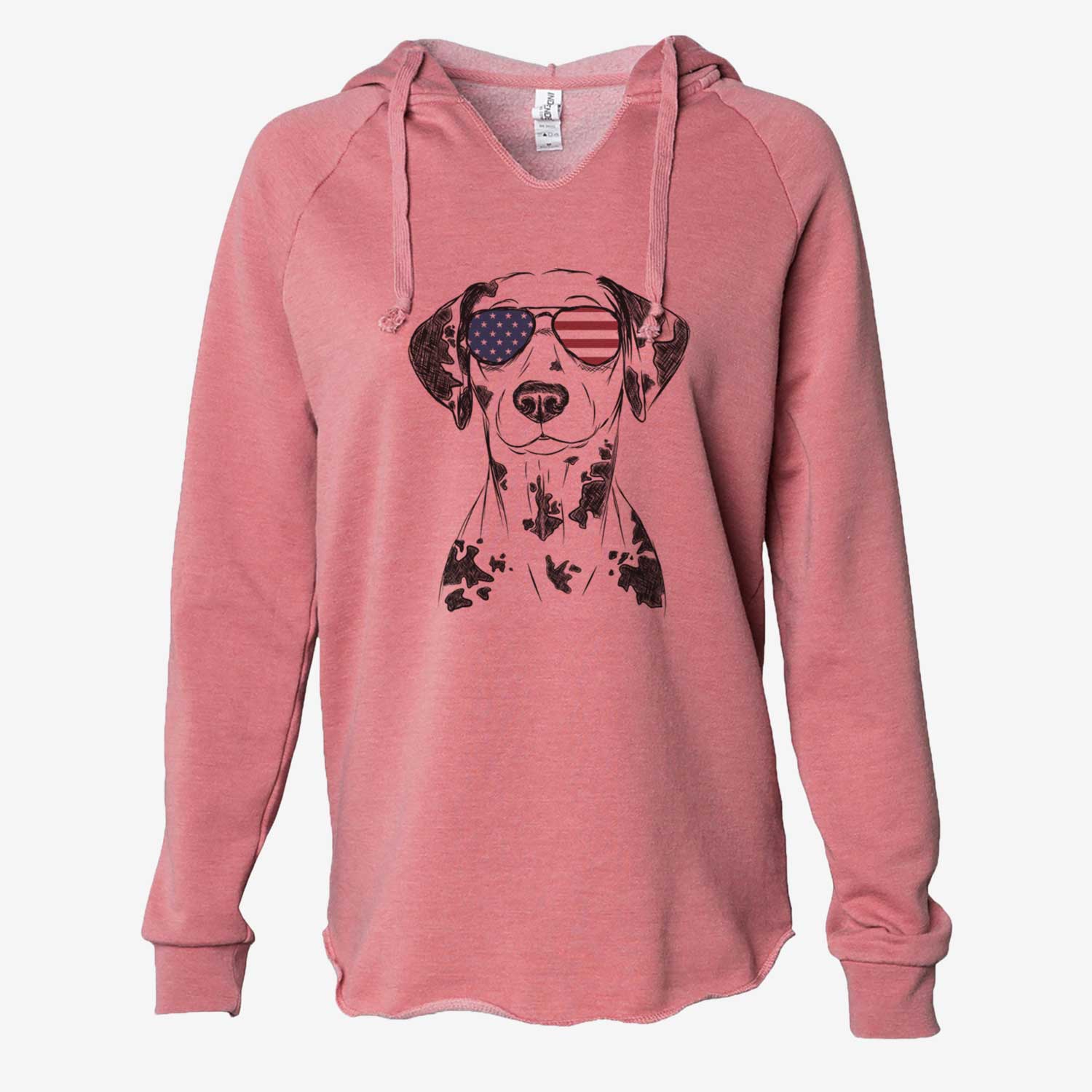 Hand-drawn sketch of Spot the Dalmatian wearing American flag sunglasses on a Dusty Rose Cali Wave Hooded Sweatshirt