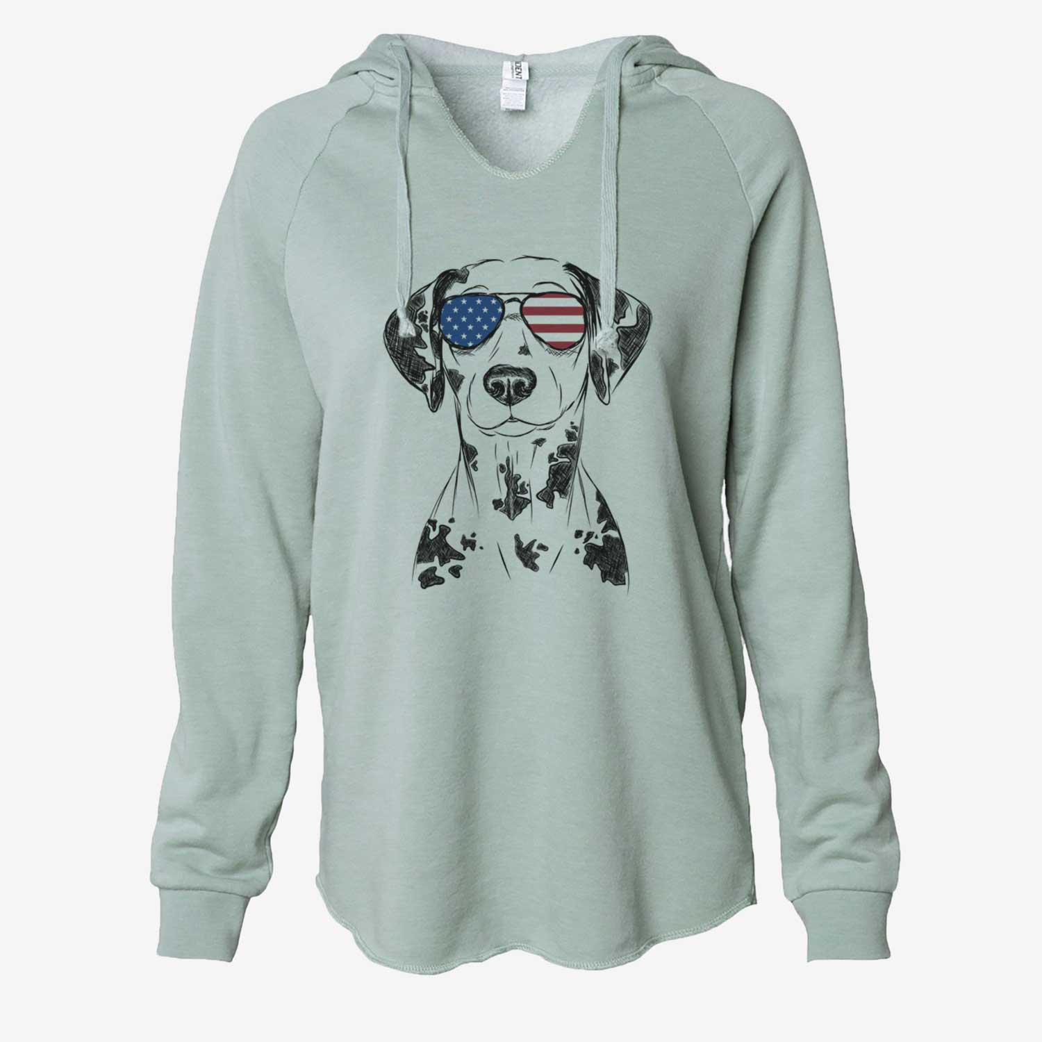 Hand-drawn sketch of Spot the Dalmatian wearing American flag sunglasses on a Sage Cali Wave Hooded Sweatshirt