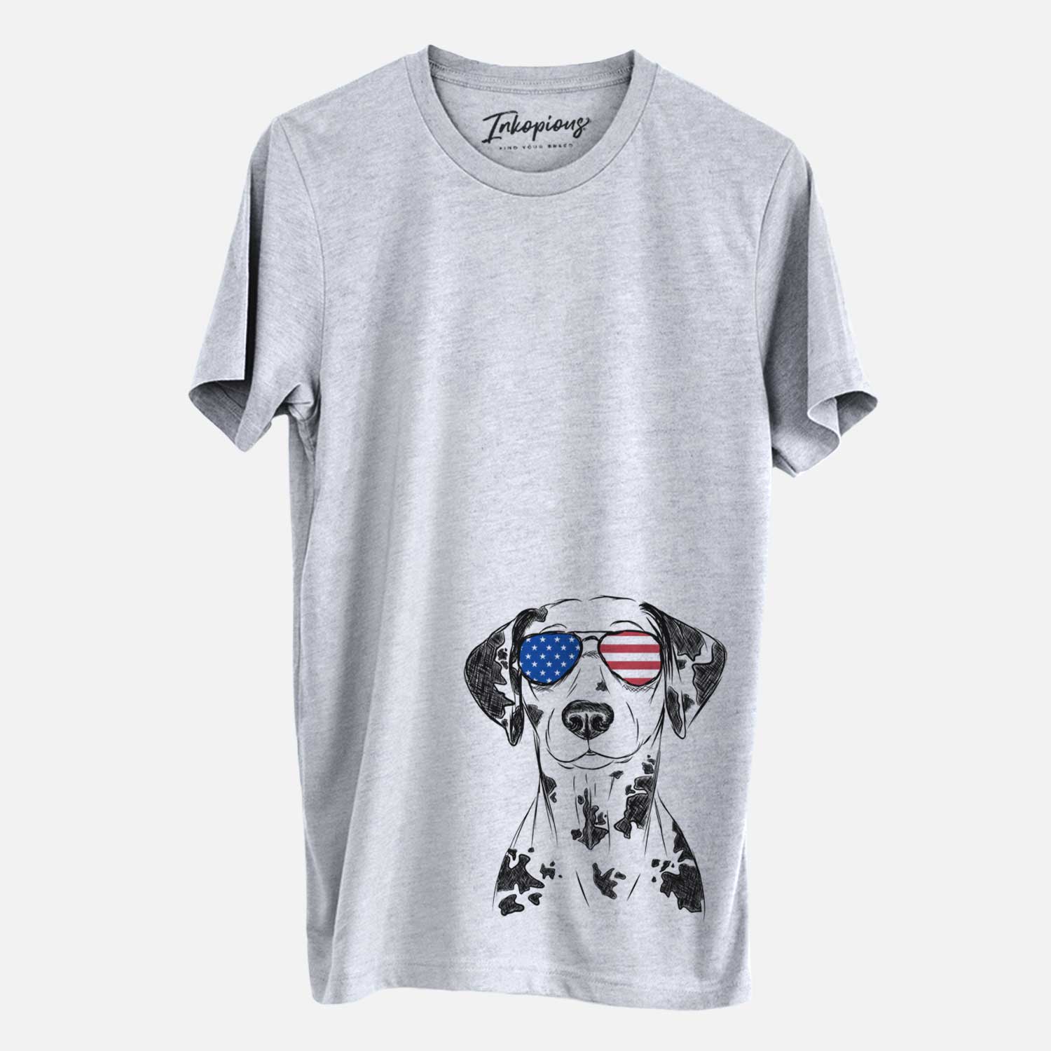 Hand-drawn sketch of Spot the Dalmatian wearing American flag sunglasses on a Grey Unisex crewneck