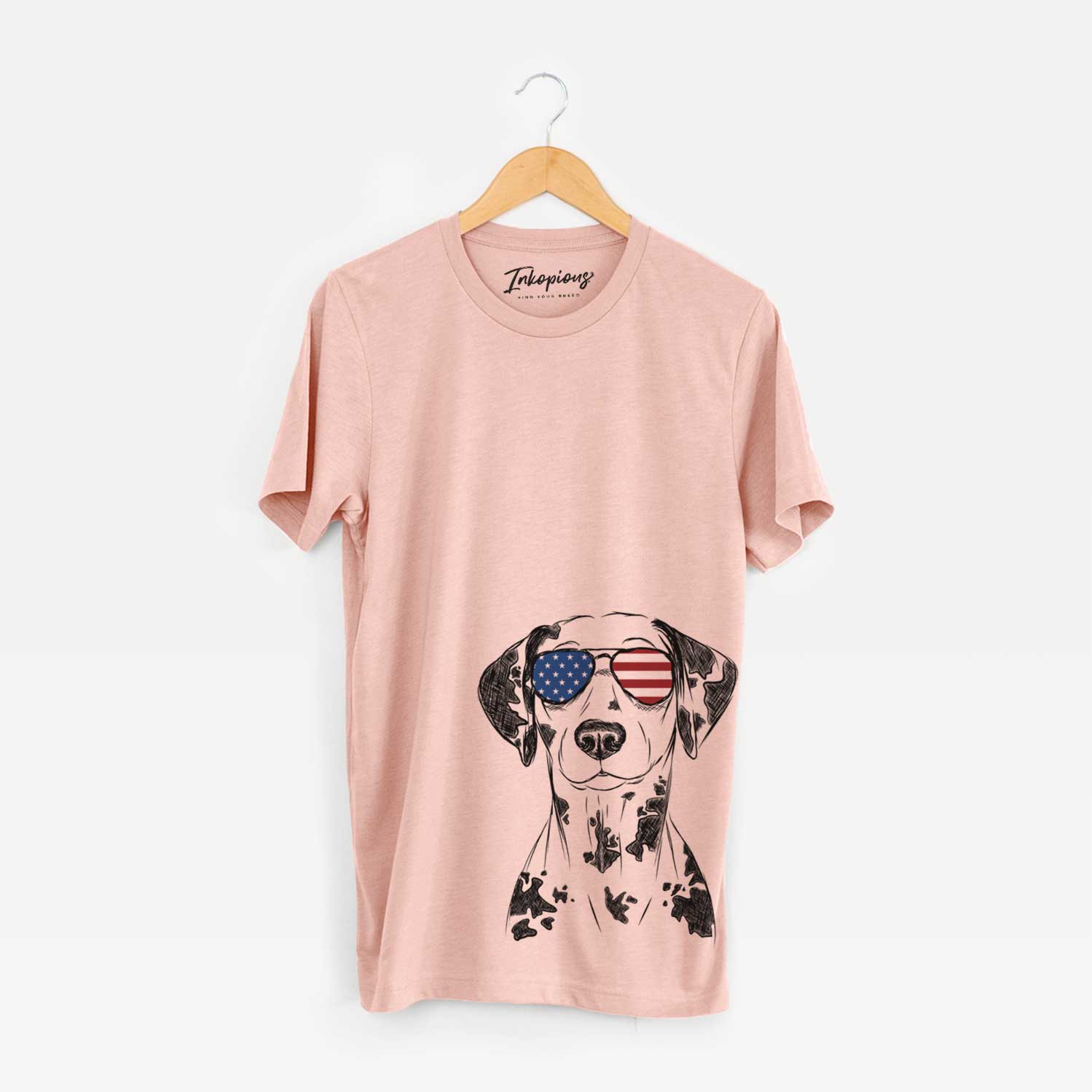 Hand-drawn sketch of Spot the Dalmatian wearing American flag sunglasses on a Peach Unisex crewneck