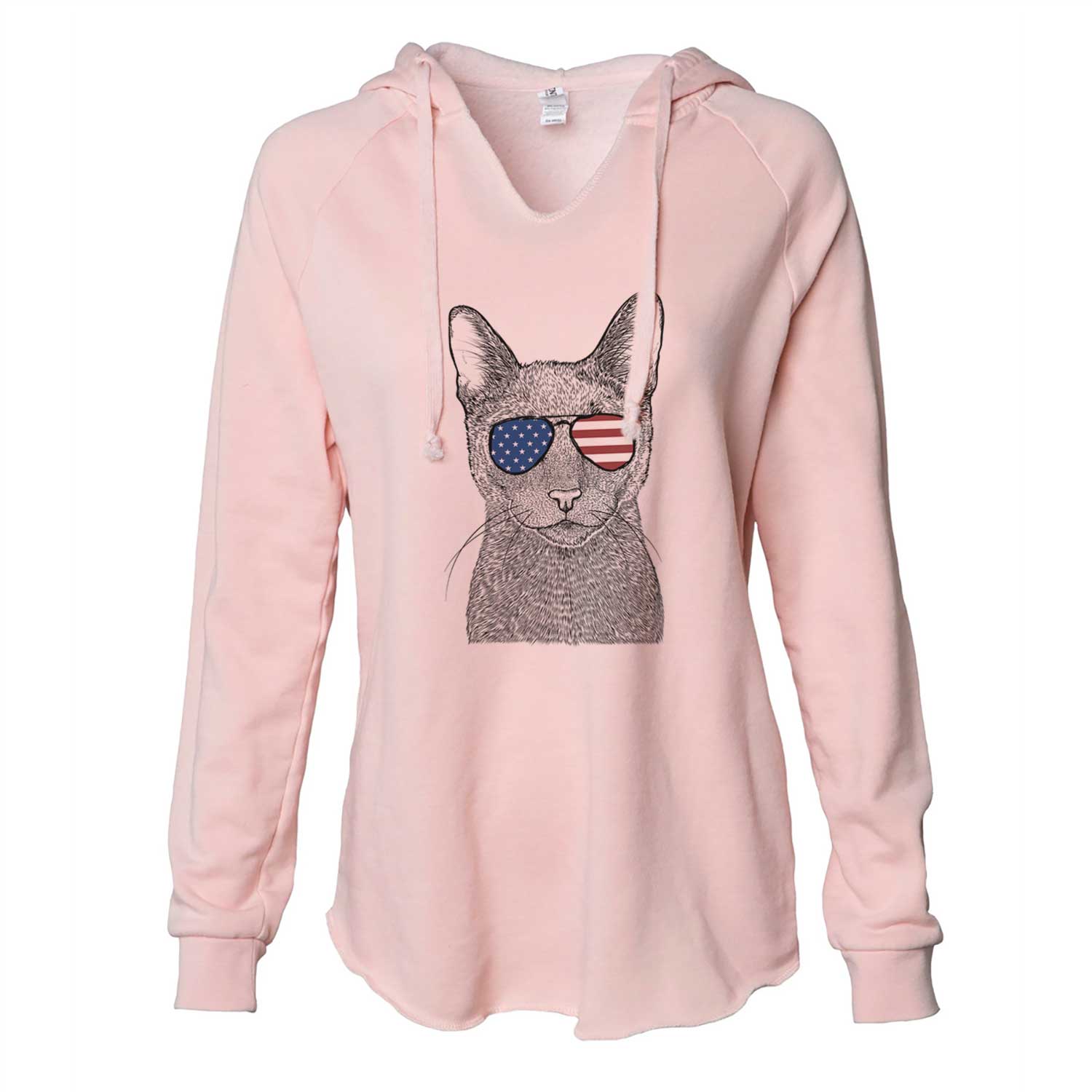 Hand-drawn sketch of Stanley the Russian Blue Cat wearing American flag sunglasses on a Blush Cali Wave Hooded Sweatshirt
