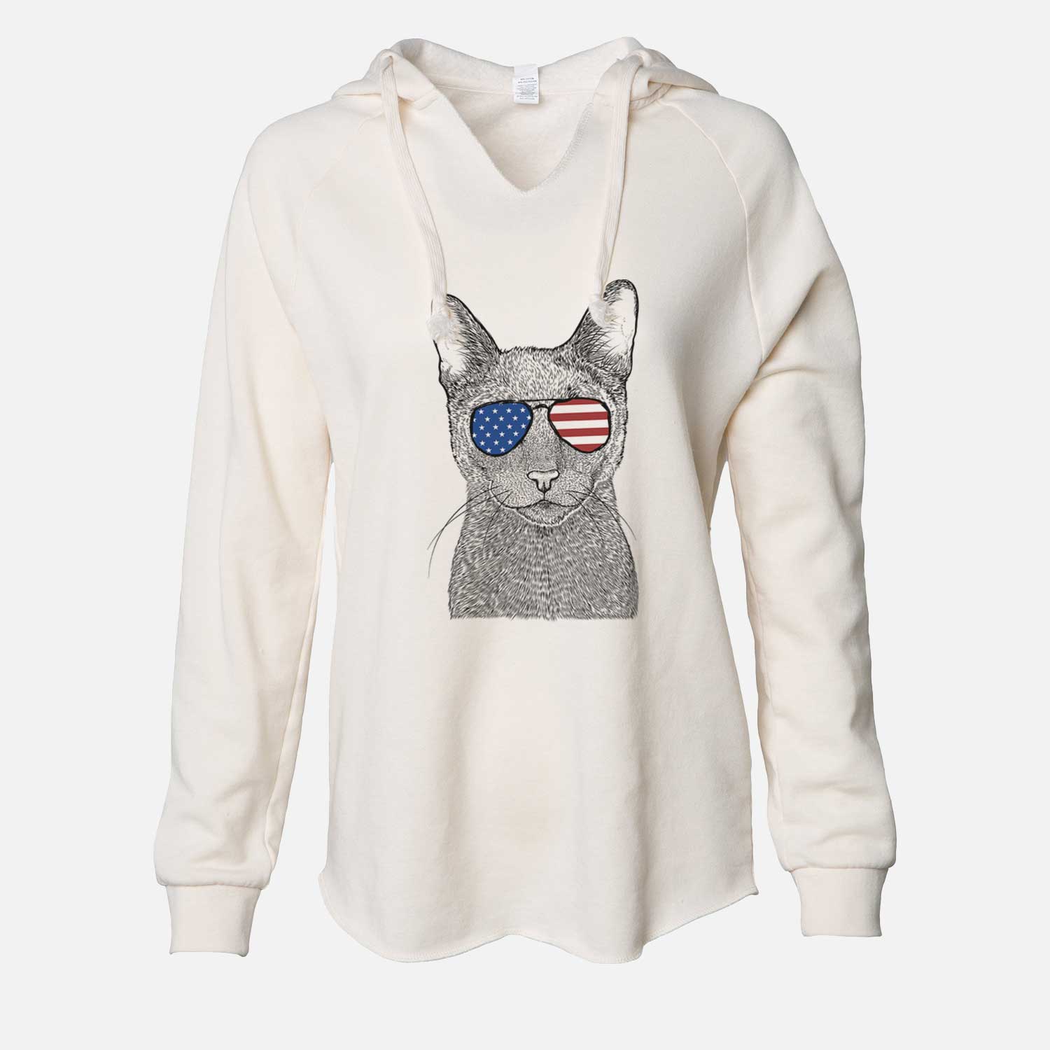 Hand-drawn sketch of Stanley the Russian Blue Cat wearing American flag sunglasses on a Bone Cali Wave Hooded Sweatshirt