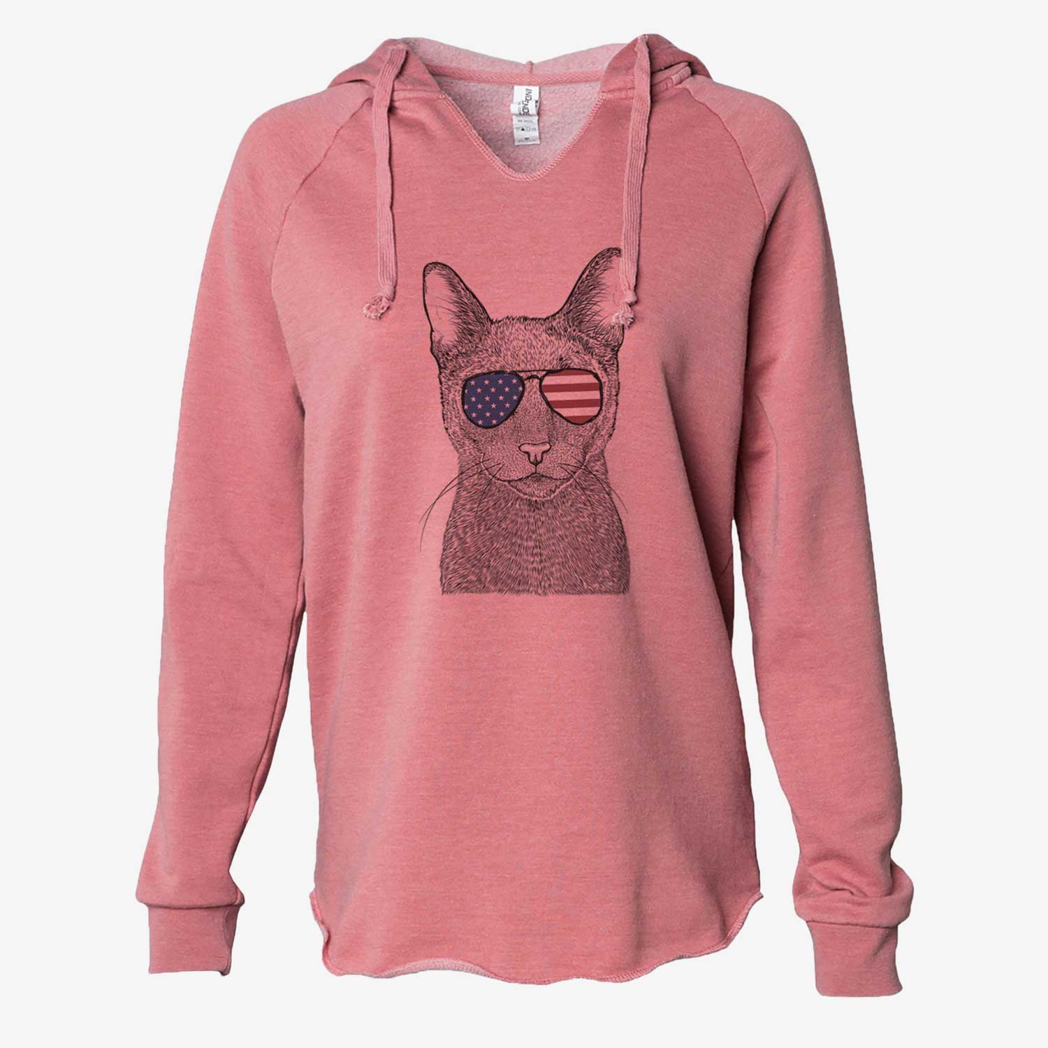 Hand-drawn sketch of Stanley the Russian Blue Cat wearing American flag sunglasses on a Dusty Rose Cali Wave Hooded Sweatshirt