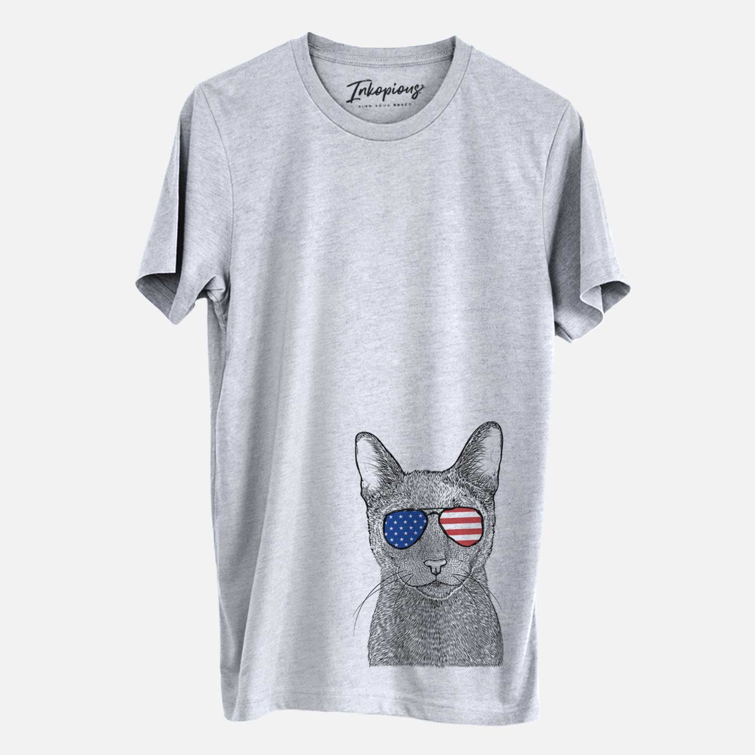 Hand-drawn sketch of Stanley the Russian Blue Cat wearing American flag sunglasses on a Grey Unisex crewneck