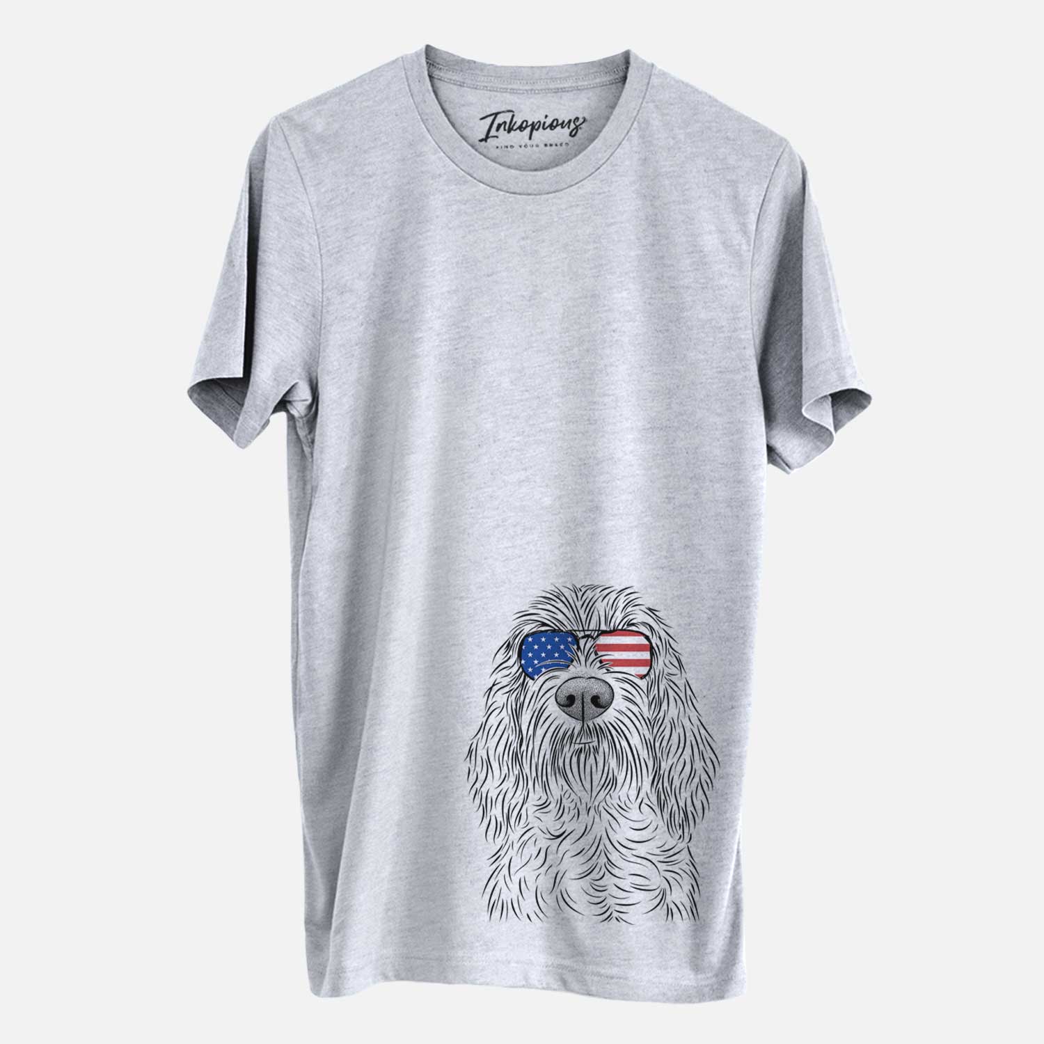 Hand-drawn sketch of Stefano the Spinone Italiano wearing American flag sunglasses on a Grey Unisex crewneck