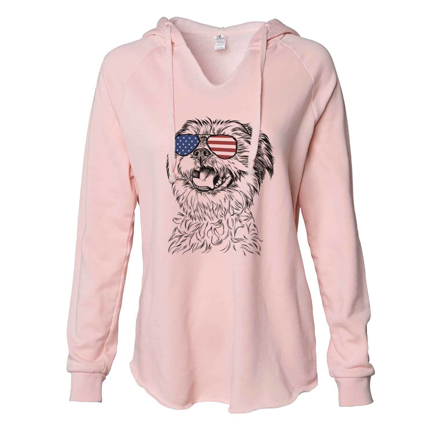 Hand-drawn sketch of Sugar the Malshi wearing American flag sunglasses on a Blush Cali Wave Hooded Sweatshirt