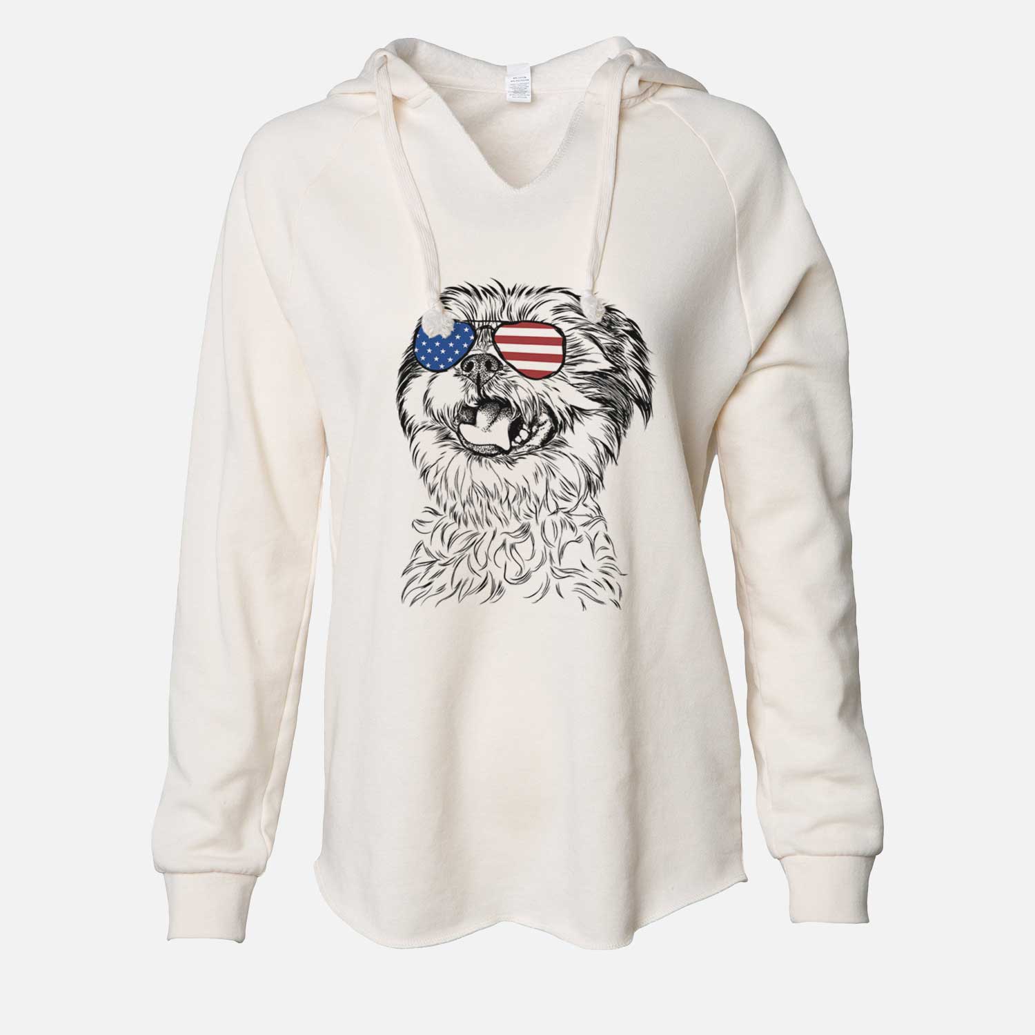 Hand-drawn sketch of Sugar the Malshi wearing American flag sunglasses on a Bone Cali Wave Hooded Sweatshirt