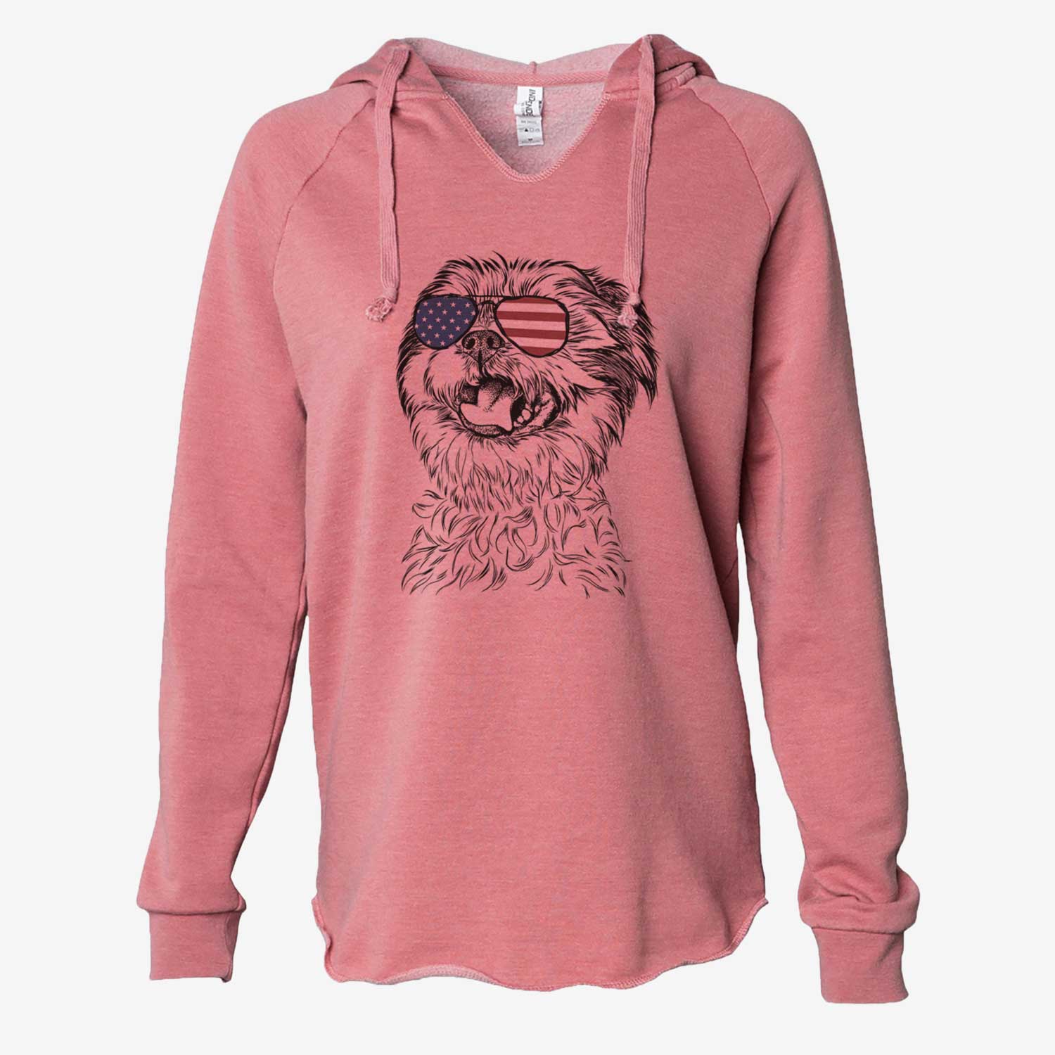 Hand-drawn sketch of Sugar the Malshi wearing American flag sunglasses on a Dusty Rose Cali Wave Hooded Sweatshirt
