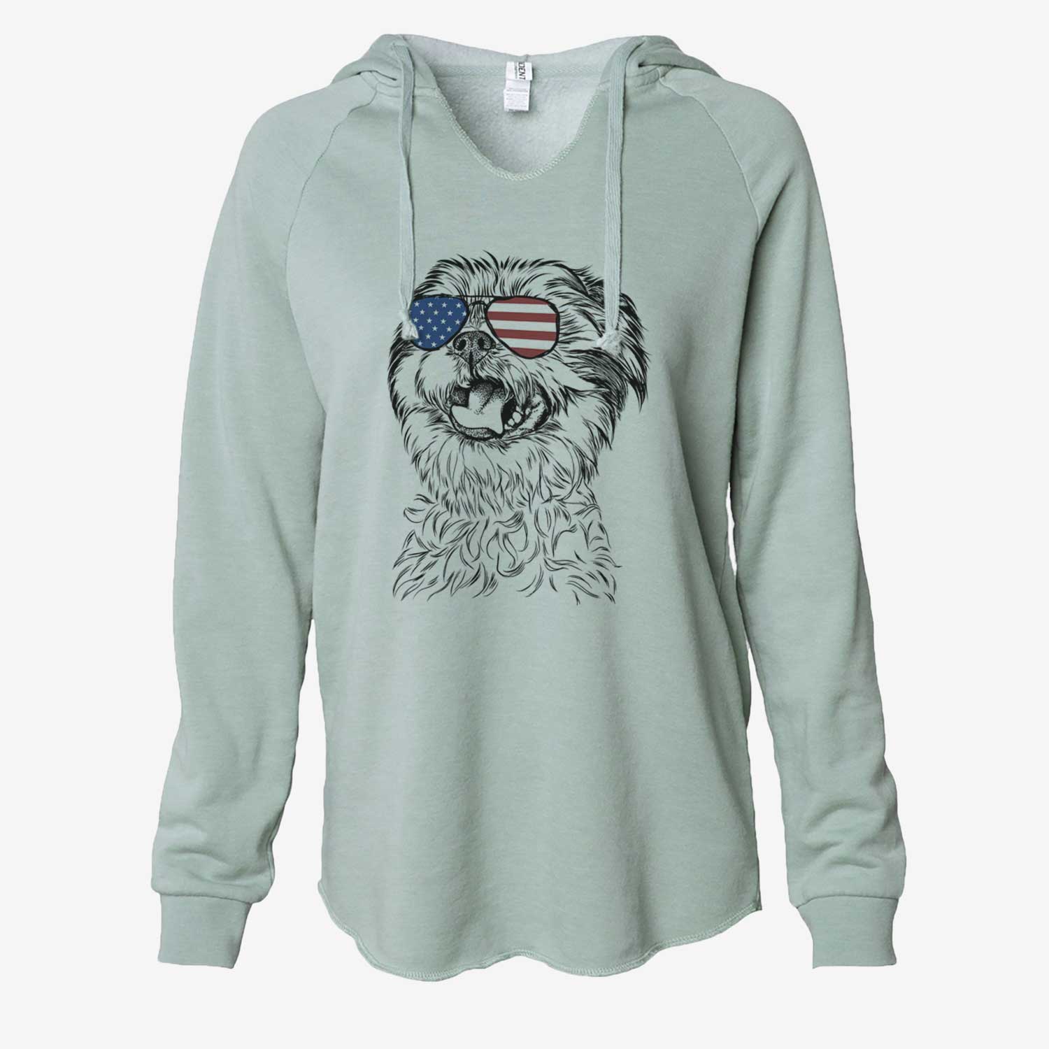 Hand-drawn sketch of Sugar the Malshi wearing American flag sunglasses on a Sage Cali Wave Hooded Sweatshirt
