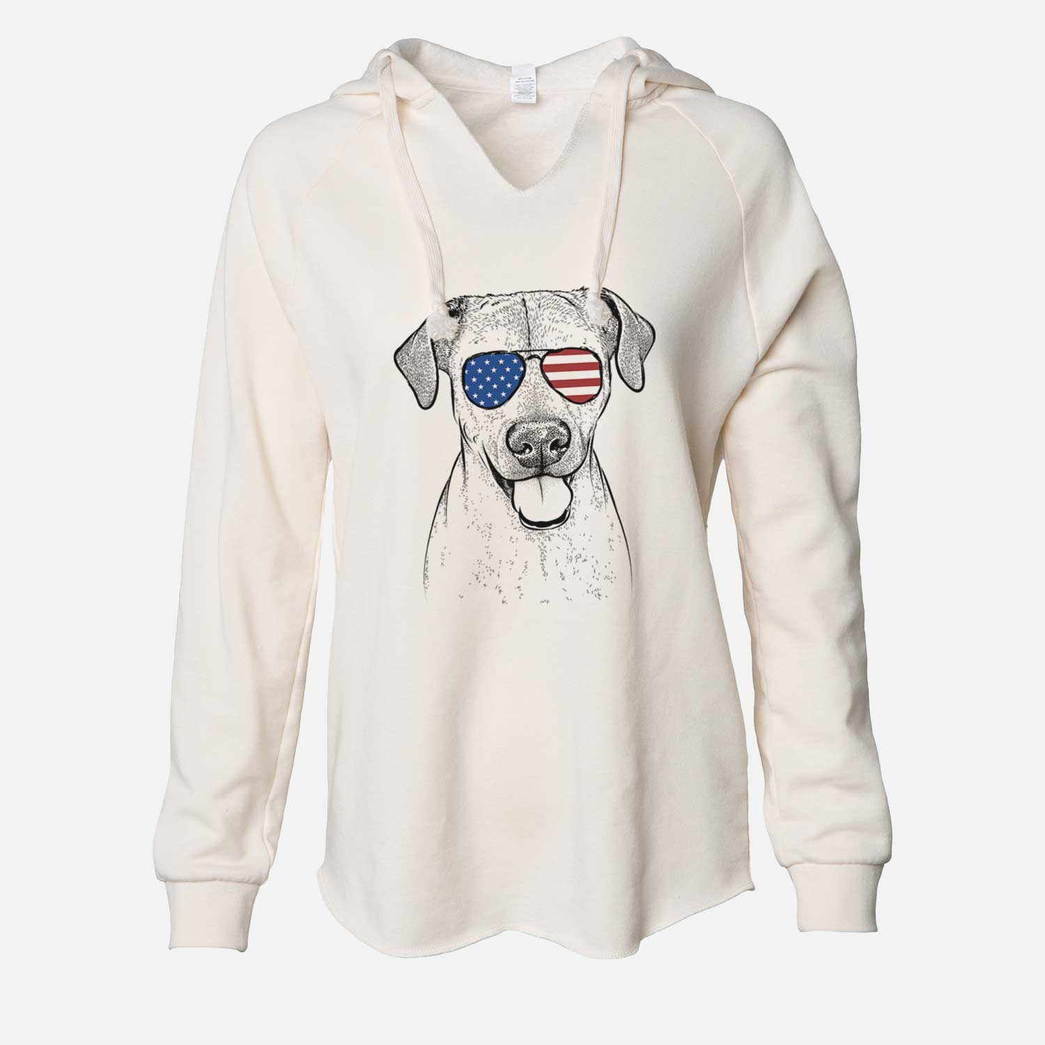 Hand-drawn sketch of Sugar the American Staffordshire Mix wearing American flag sunglasses on a Bone Cali Wave Hooded Sweatshirt