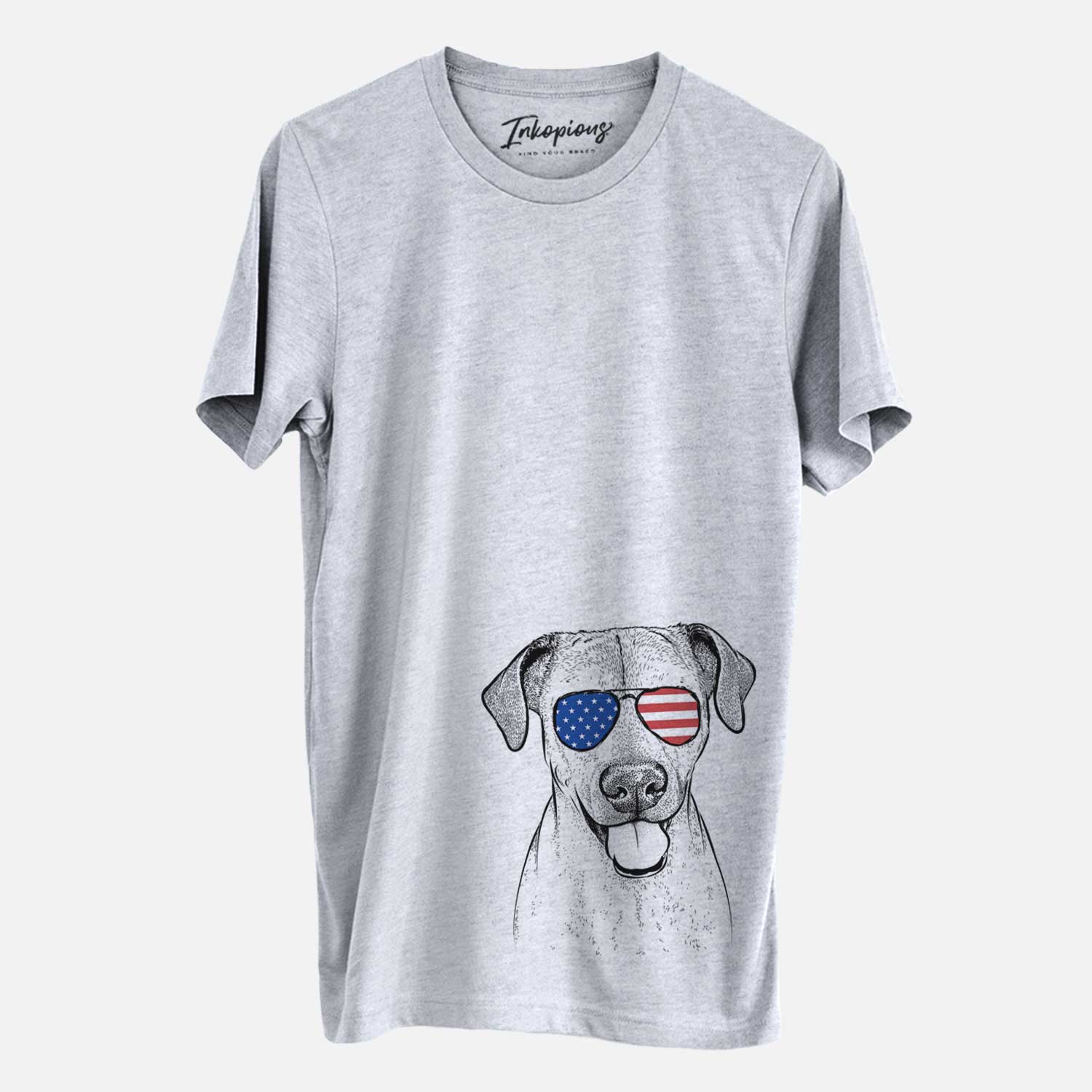 Hand-drawn sketch of Sugar the American Staffordshire Mix wearing American flag sunglasses on a Grey Unisex crewneck