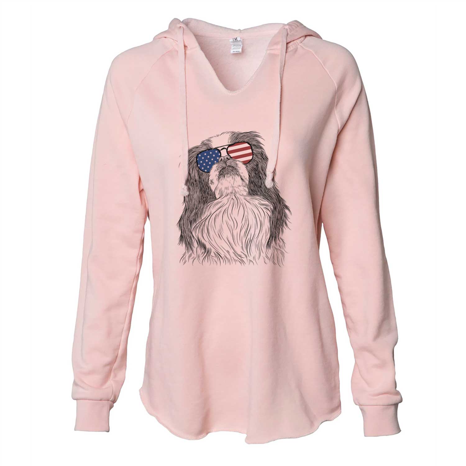 Hand-drawn sketch of Suki the Japanese Chin wearing American flag sunglasses on a Blush Cali Wave Hooded Sweatshirt