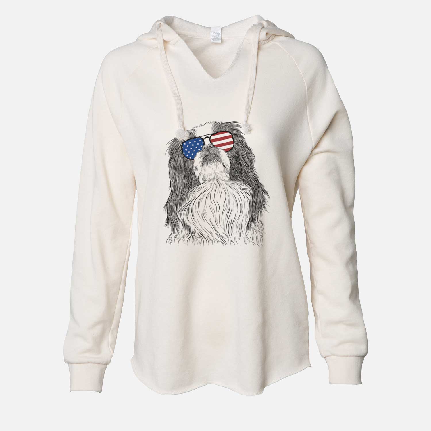 Hand-drawn sketch of Suki the Japanese Chin wearing American flag sunglasses on a Bone Cali Wave Hooded Sweatshirt