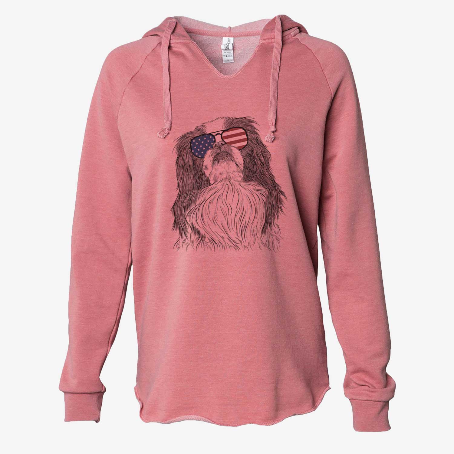 Hand-drawn sketch of Suki the Japanese Chin wearing American flag sunglasses on a Dusty Rose Cali Wave Hooded Sweatshirt