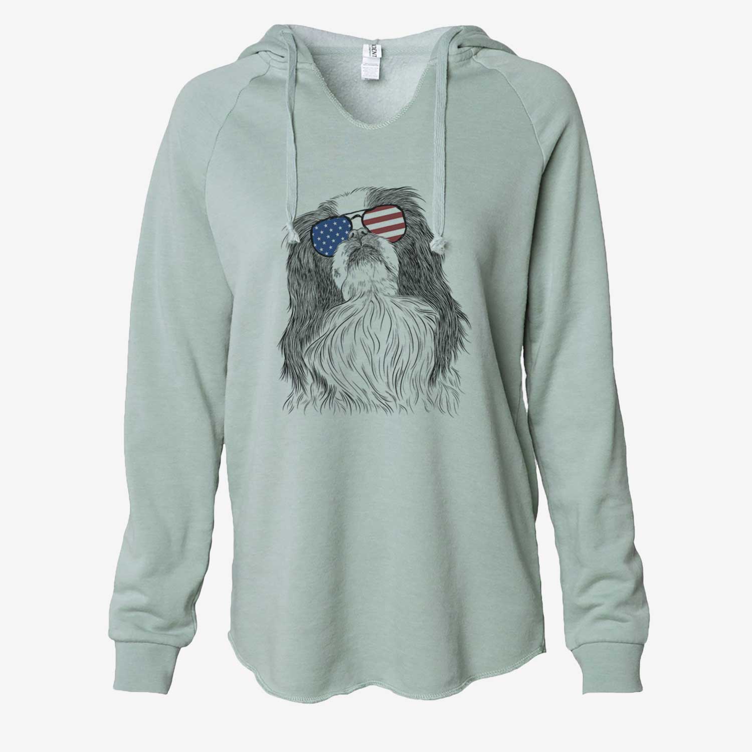 Hand-drawn sketch of Suki the Japanese Chin wearing American flag sunglasses on a Sage Cali Wave Hooded Sweatshirt