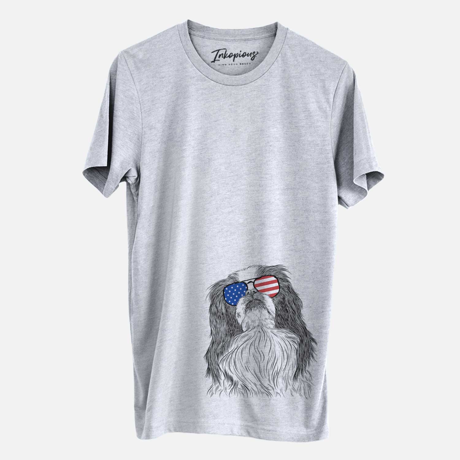 Hand-drawn sketch of Suki the Japanese Chin wearing American flag sunglasses on a Grey Unisex crewneck