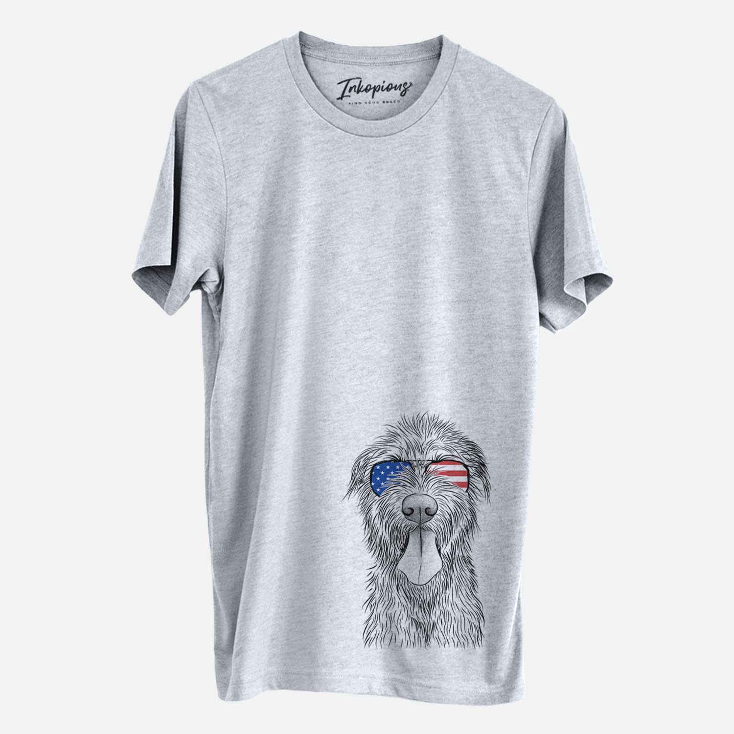 Hand-drawn sketch of Sullivan the Irish Wolfhound wearing American flag sunglasses on a Grey Unisex crewneck