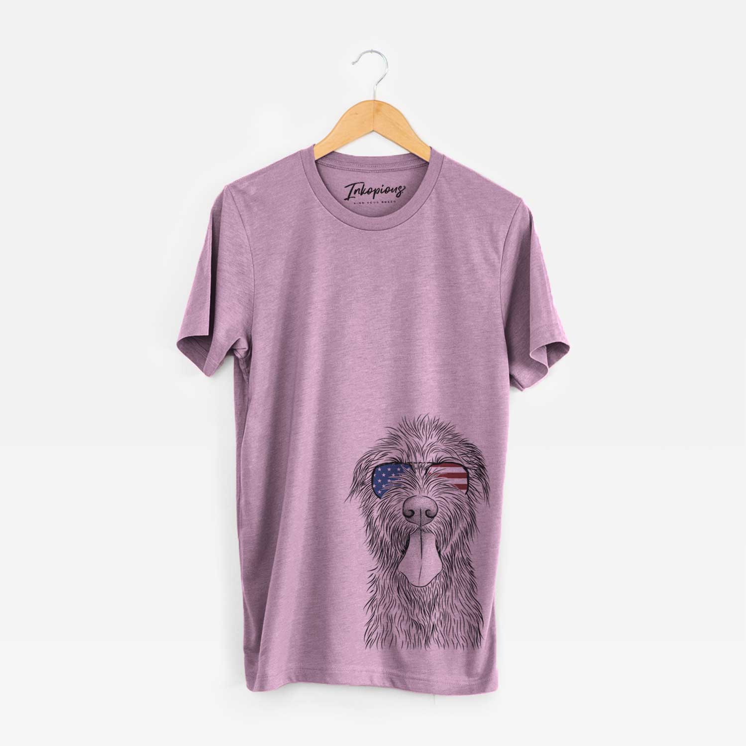 Hand-drawn sketch of Sullivan the Irish Wolfhound wearing American flag sunglasses on an Orchid Unisex crewneck
