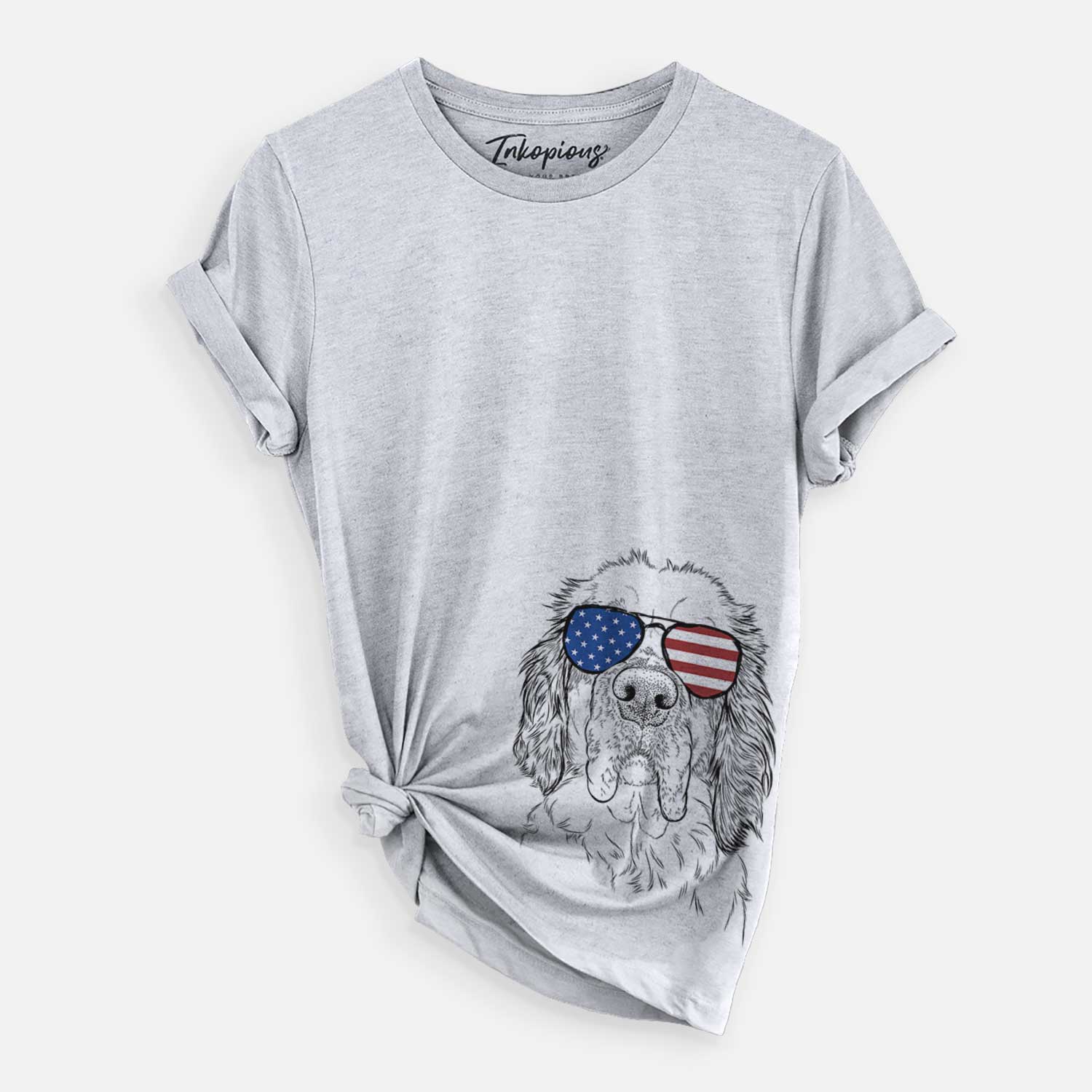 Hand-drawn sketch of Sully the Clumber Spaniel wearing American flag sunglasses on a Grey Unisex crewneck