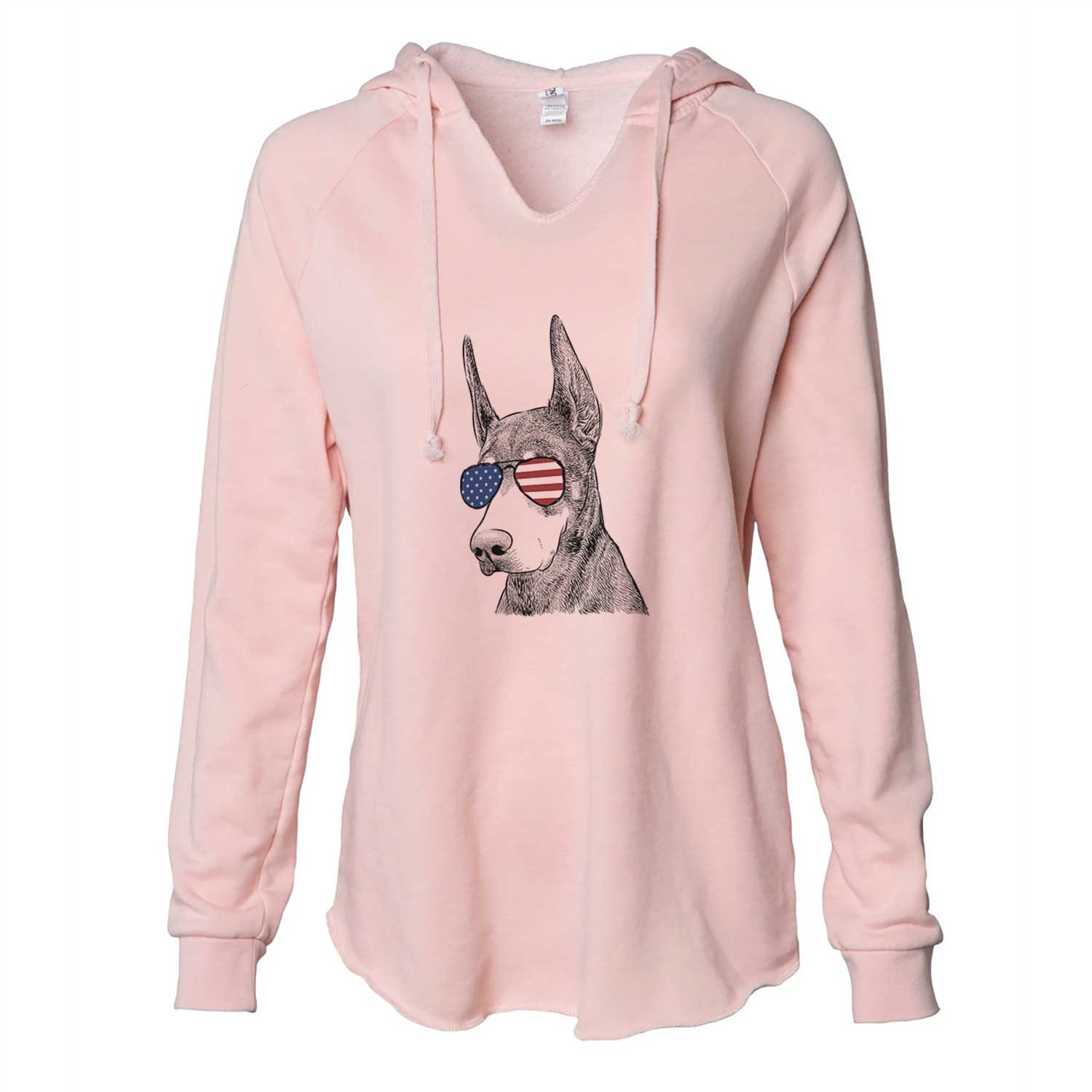Hand-drawn sketch of Sunny the Doberman Pinscher wearing American flag sunglasses on a Blush Cali Wave Hooded Sweatshirt