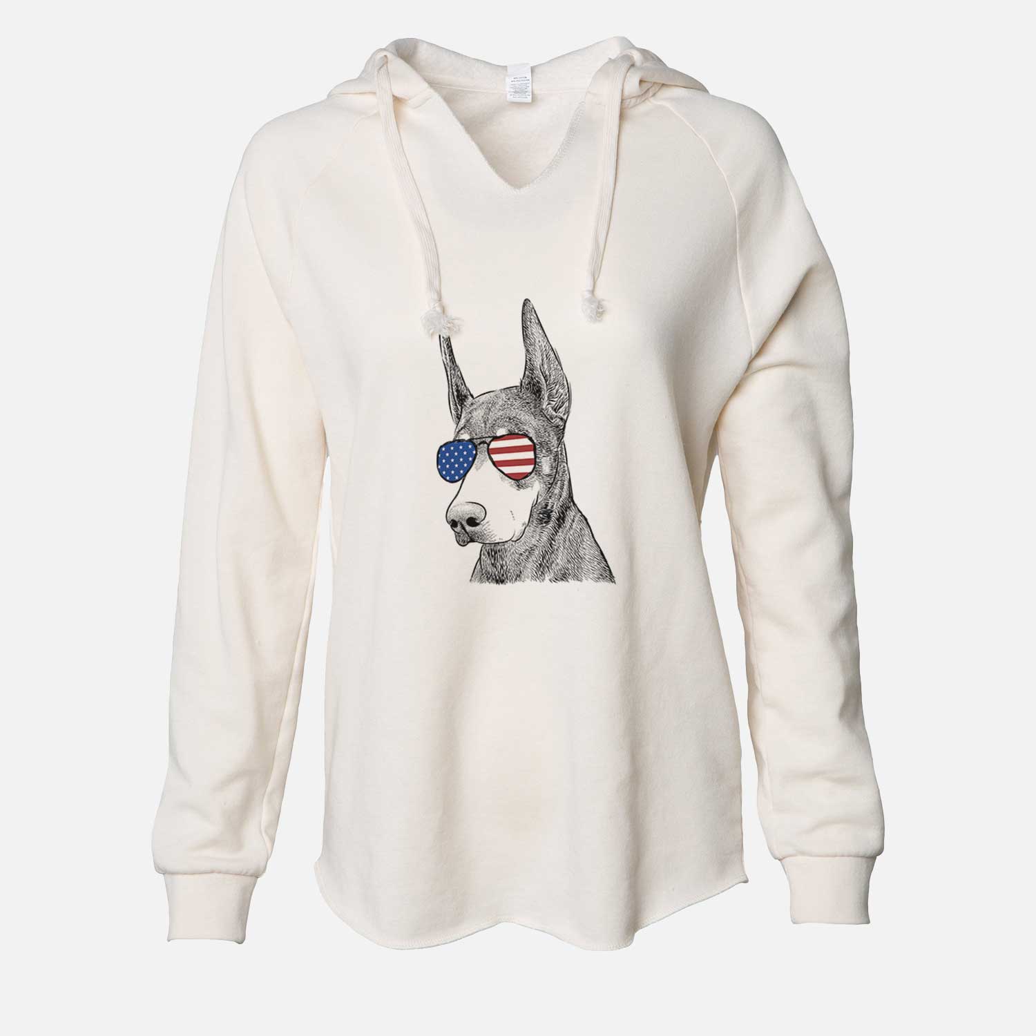 Hand-drawn sketch of Sunny the Doberman Pinscher wearing American flag sunglasses on a Bone Cali Wave Hooded Sweatshirt