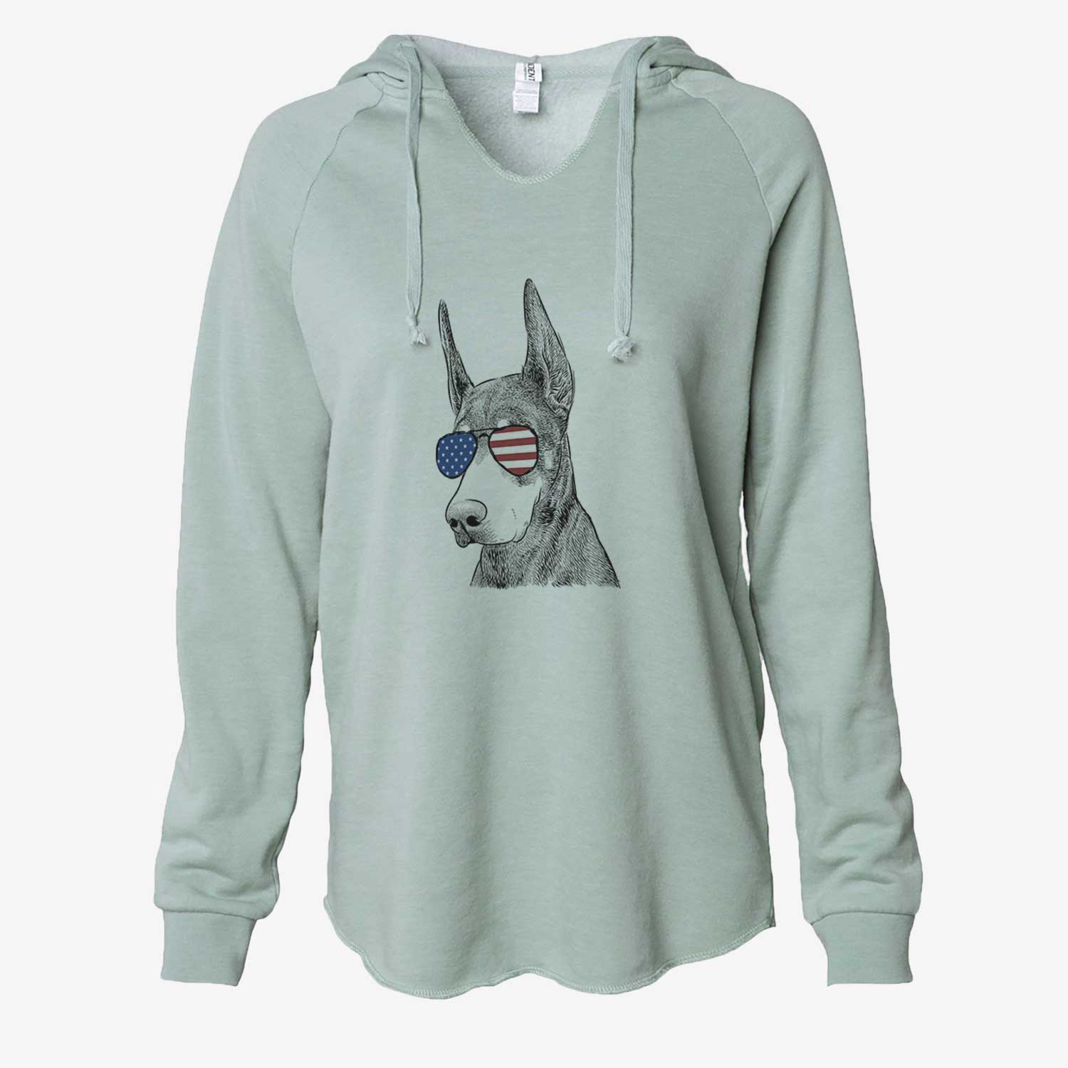 Hand-drawn sketch of Sunny the Doberman Pinscher wearing American flag sunglasses on a Sage Cali Wave Hooded Sweatshirt