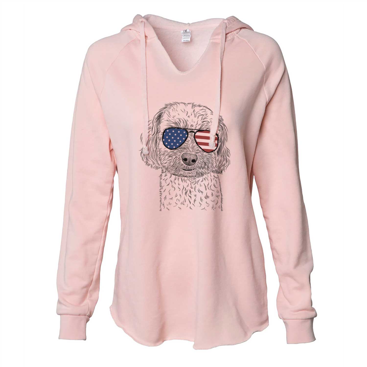 Hand-drawn sketch of Sweet George the Mixed Breed wearing American flag sunglasses on a Blush Cali Wave Hooded Sweatshirt