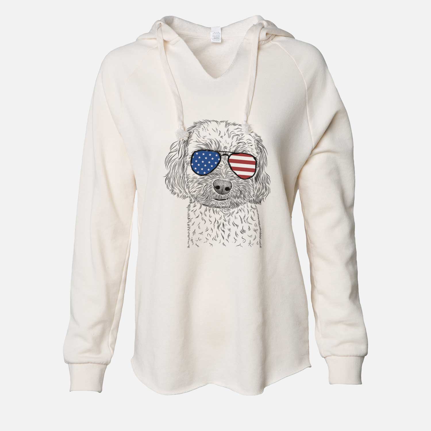 Hand-drawn sketch of Sweet George the Mixed Breed wearing American flag sunglasses on a Bone Cali Wave Hooded Sweatshirt