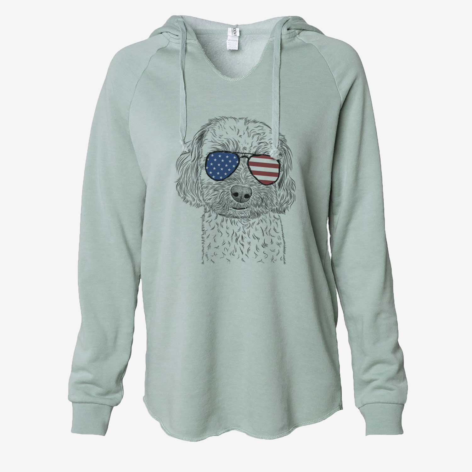 Hand-drawn sketch of Sweet George the Mixed Breed wearing American flag sunglasses on a Sage Cali Wave Hooded Sweatshirt