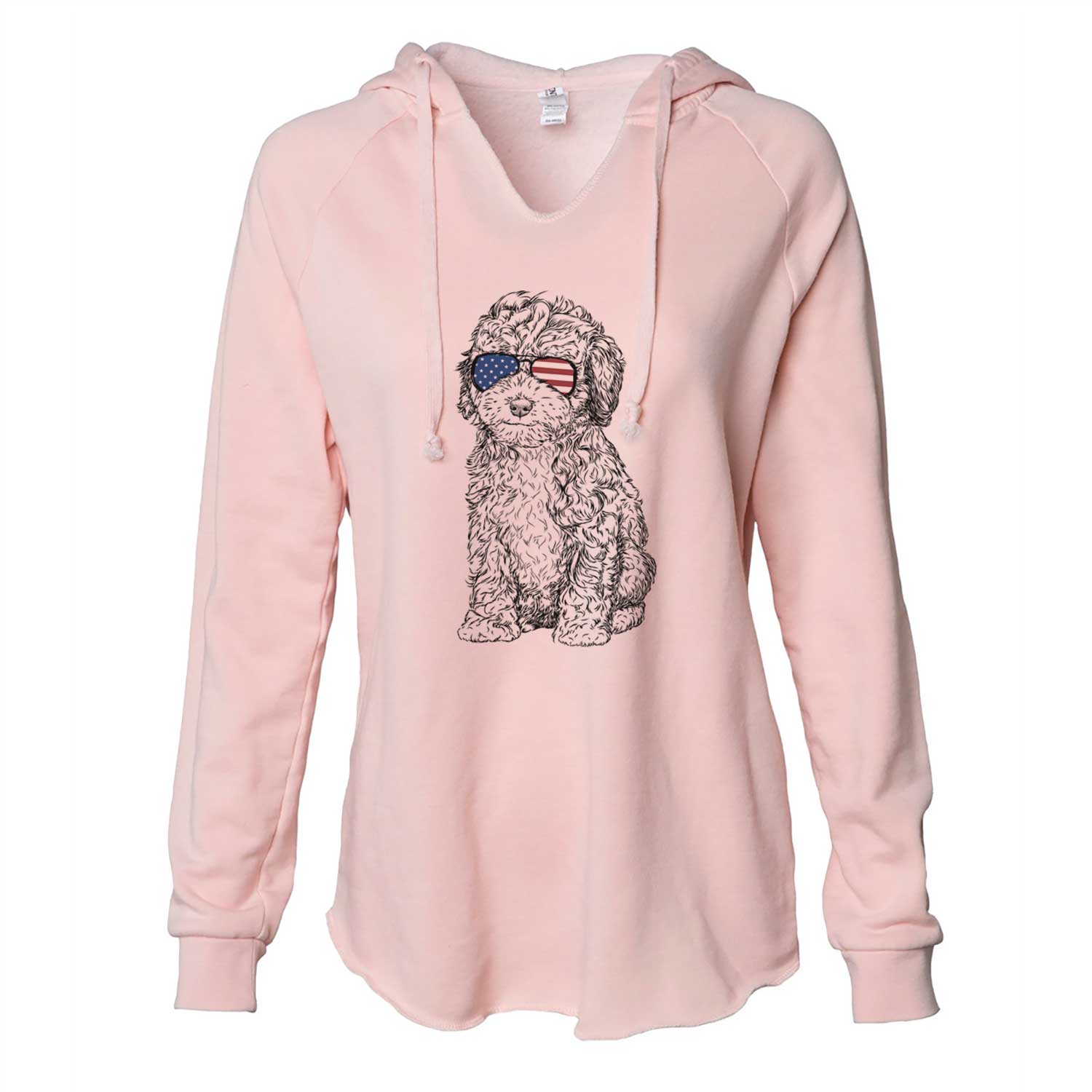 Hand-drawn sketch of Sweet Tea the Mini Doodle wearing American flag sunglasses on a Blush Cali Wave Hooded Sweatshirt