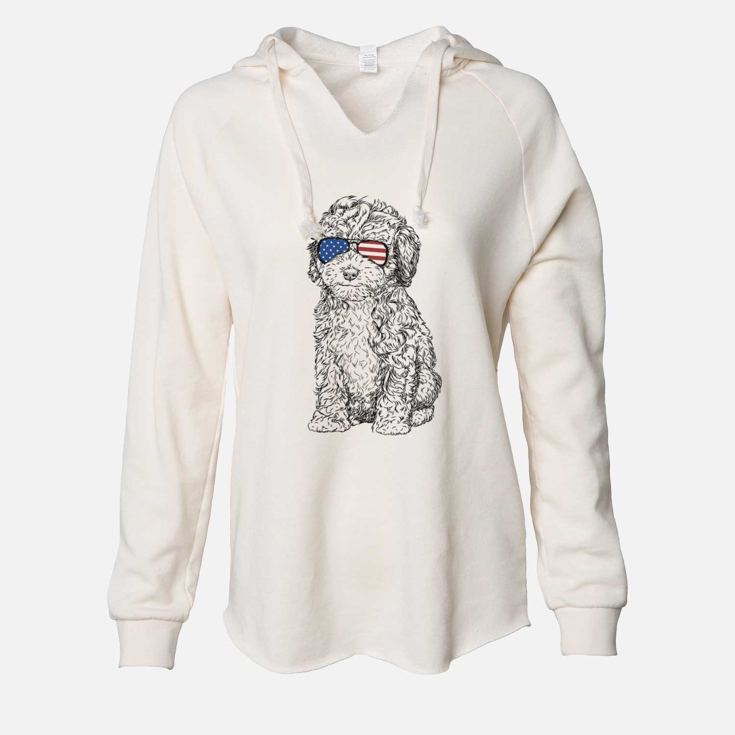 Hand-drawn sketch of Sweet Tea the Mini Doodle wearing American flag sunglasses on a Bone Cali Wave Hooded Sweatshirt